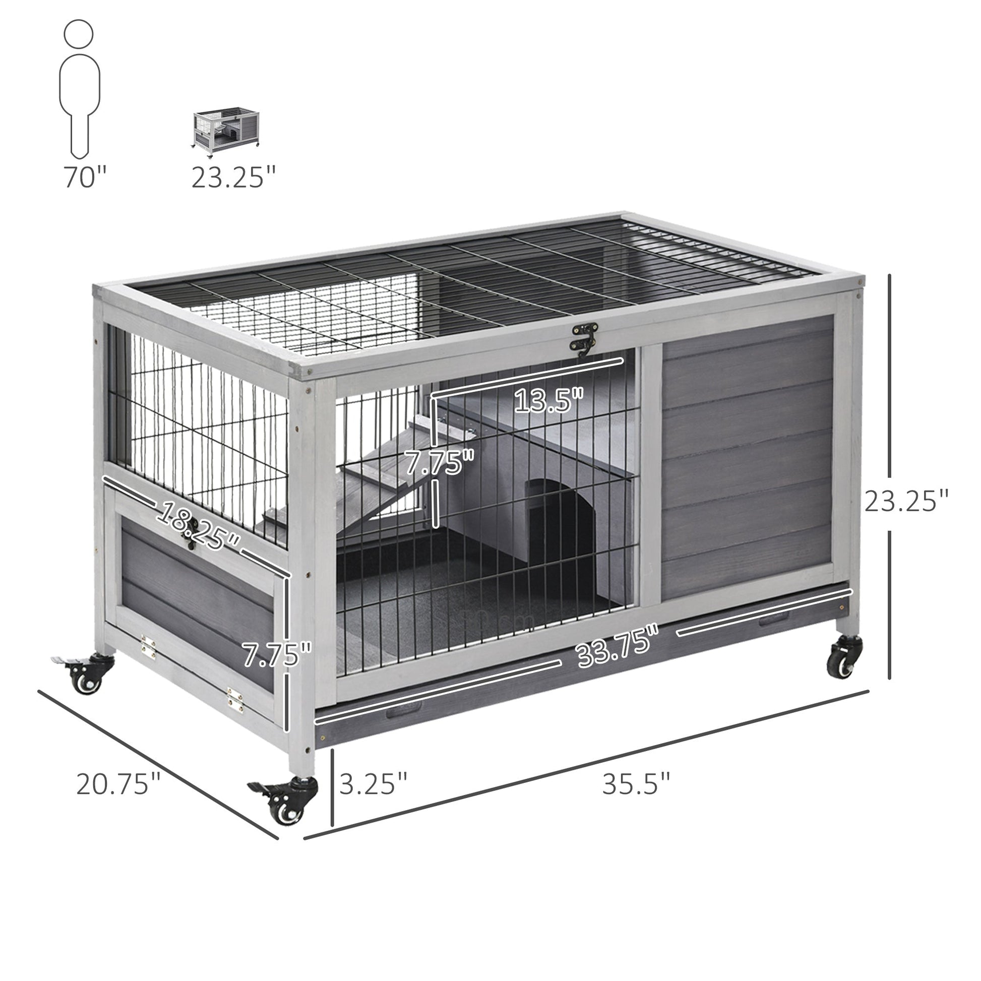 Wooden Indoor Rabbit Hutch Elevated Bunny Cage Habitat with Enclosed Run with Wheels, Ideal for Rabbits and Guinea Pigs, Grey Rabbit Hutch   at Gallery Canada