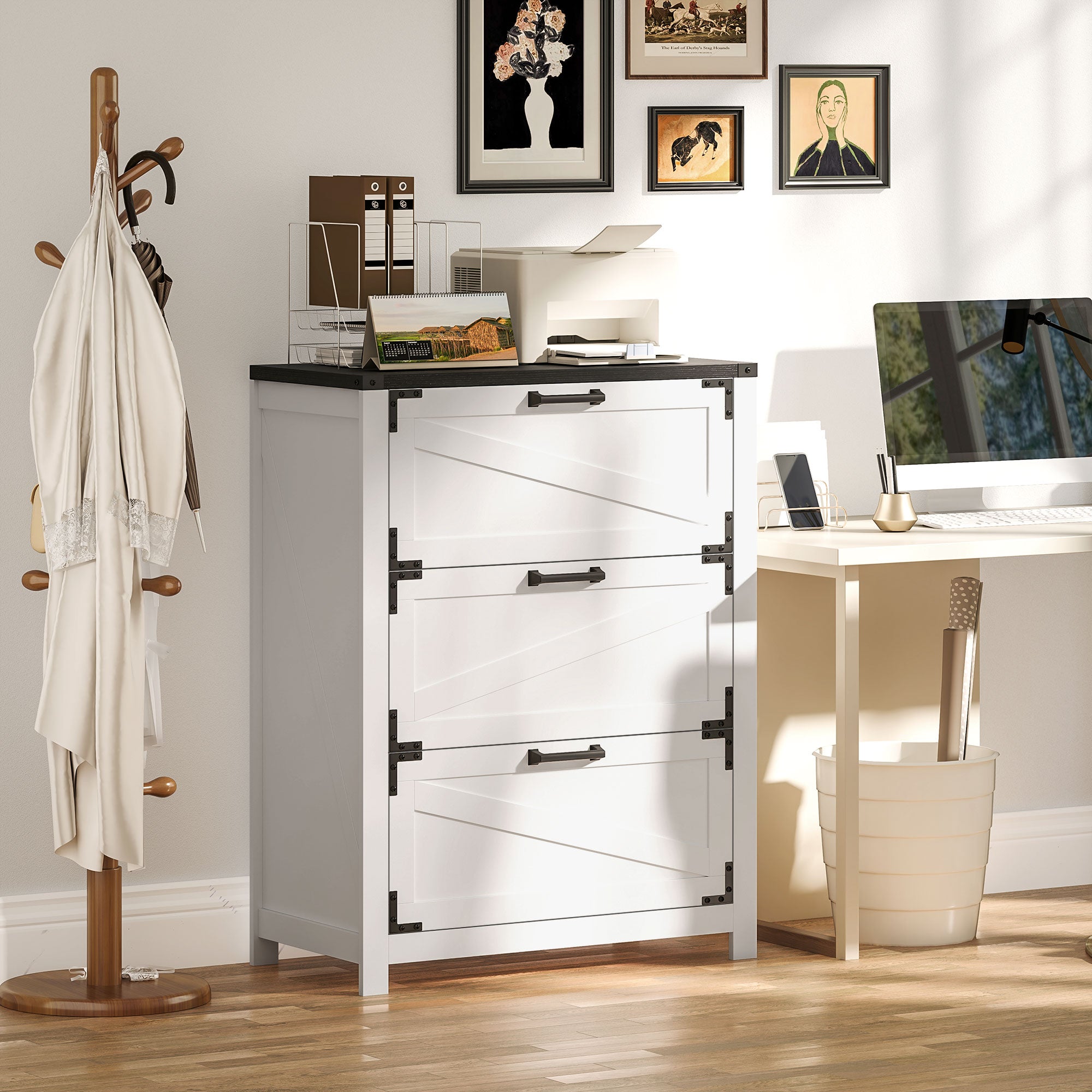 3 Drawer Filing Cabinet, Farmhouse Office Storage Cabinet with Adjustable Hanging Bars for Letter, A4, Legal Size, White Office Cabinets & Cupboards at Gallery Canada