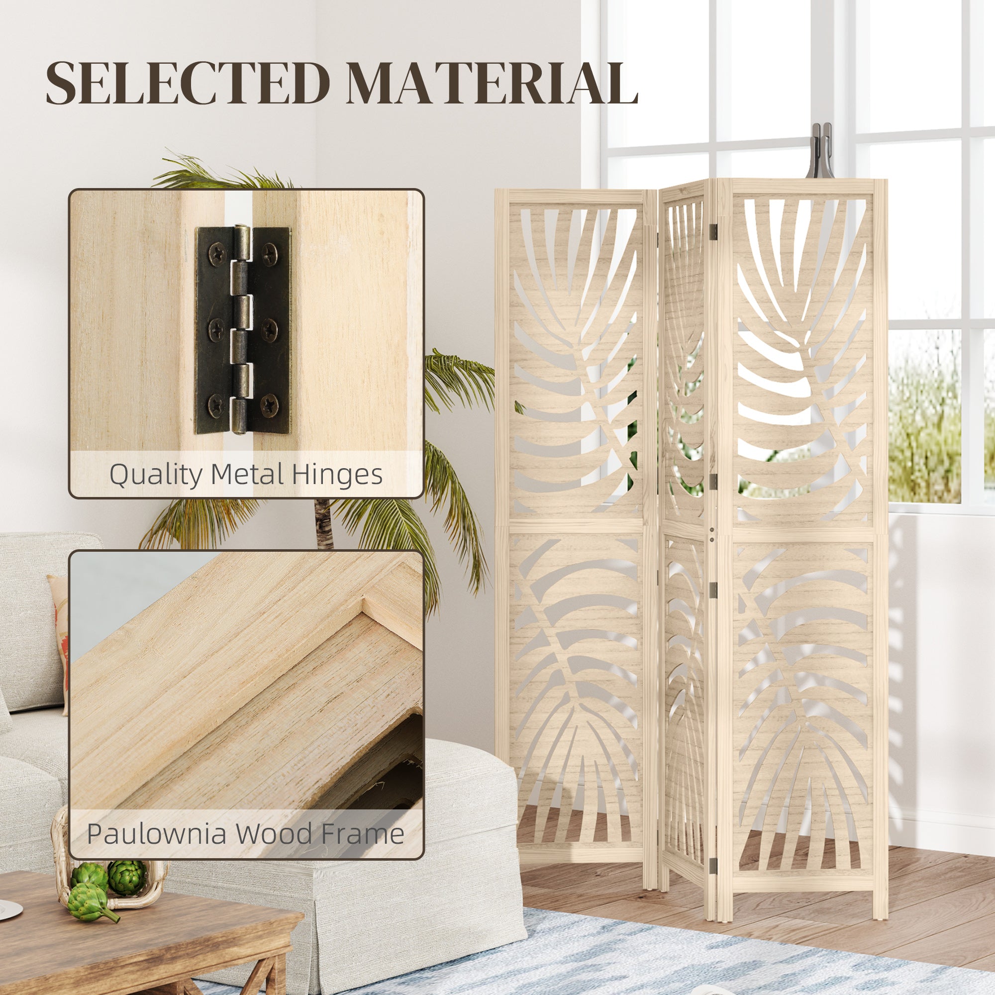 3 Panel Room Divider, Detachable Folding Privacy Screens with Palm Leaf Design for Home Office, Natural Wood Finish Room Dividers at Gallery Canada