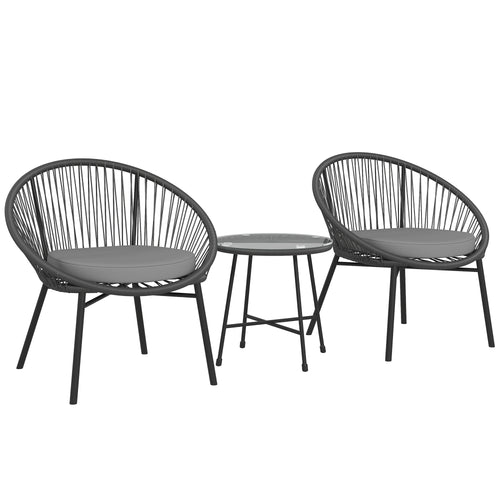 3 Piece Wicker Patio Furniture Set with Soft Seat Cushions, Tempered Glass Tabletop, Bistro Set for Garden, Black