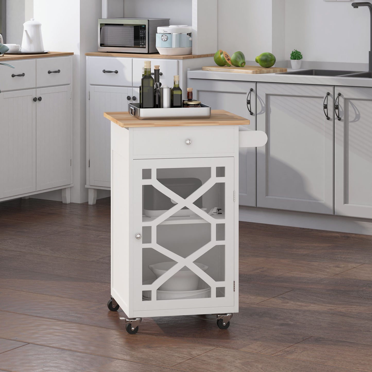 Kitchen Cart on Wheels, Rolling Kitchen Island with Drawer, Glass Door, Towel Rack and Adjustable Shelf, White Kitchen Islands & Kitchen Carts   at Gallery Canada