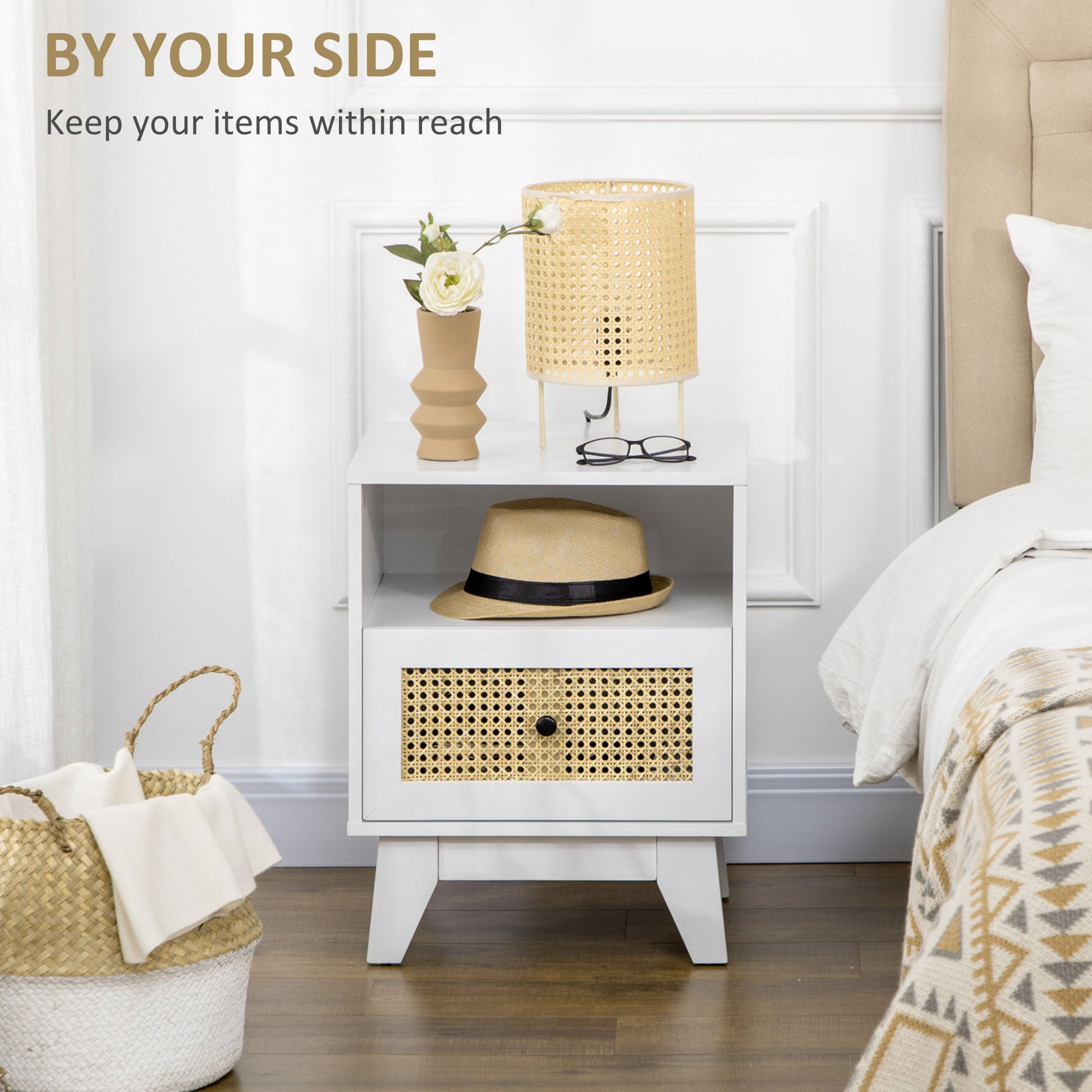 Bedside Table with Rattan Element, Side End Table with Drawer and Shelf, 17.7"x15.4"x22.2", White Bedside Tables   at Gallery Canada