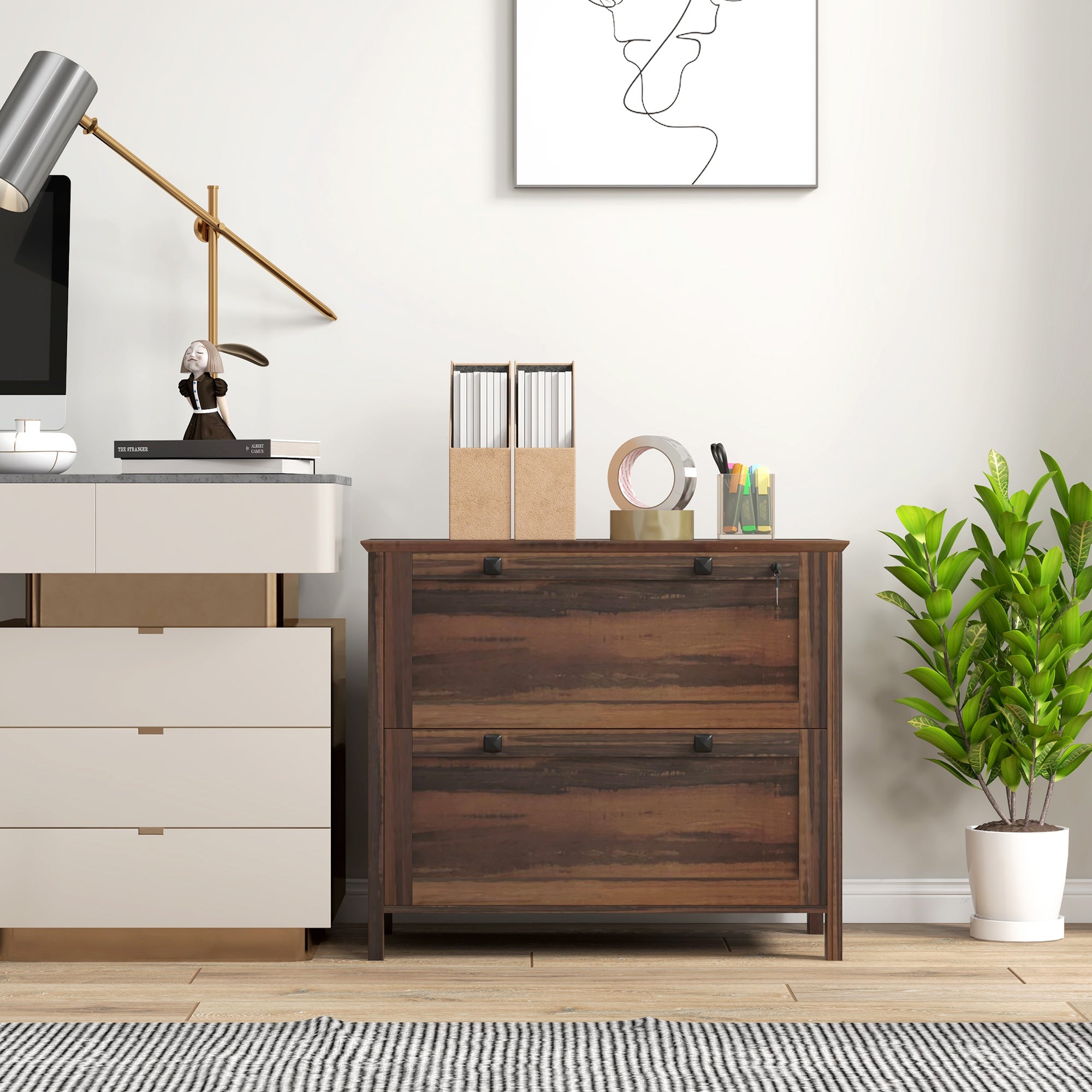2 Drawer File Cabinet, Lockable Filing Cabinet with Adjustable Hanging Bar for Letter, A4 and Legal Size, Brown Office Cabinets & Cupboards at Gallery Canada