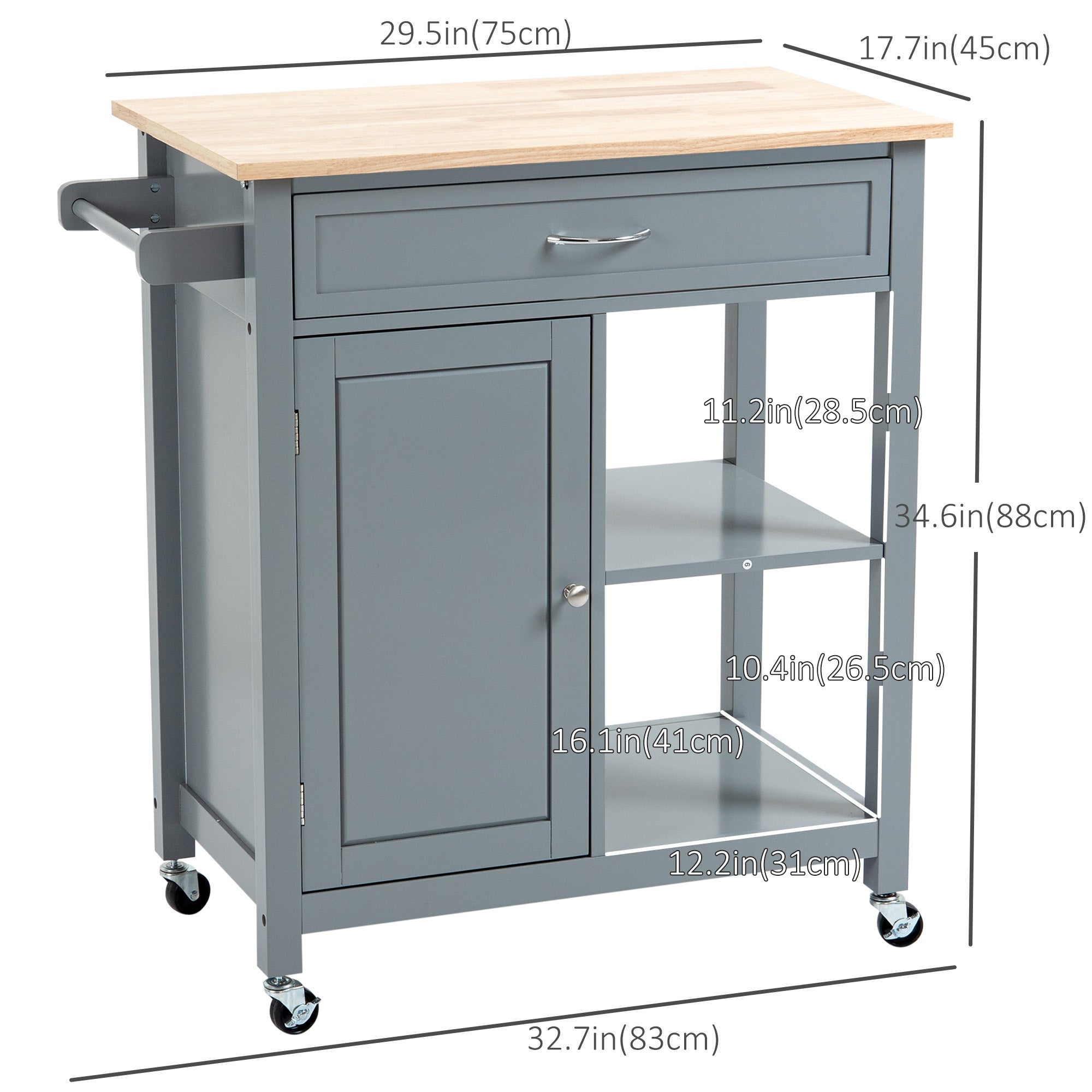 Rolling Kitchen Cart with Wood Top and Drawer, Kitchen Island on Wheels for Dining Room, Grey Kitchen Islands & Kitchen Carts   at Gallery Canada