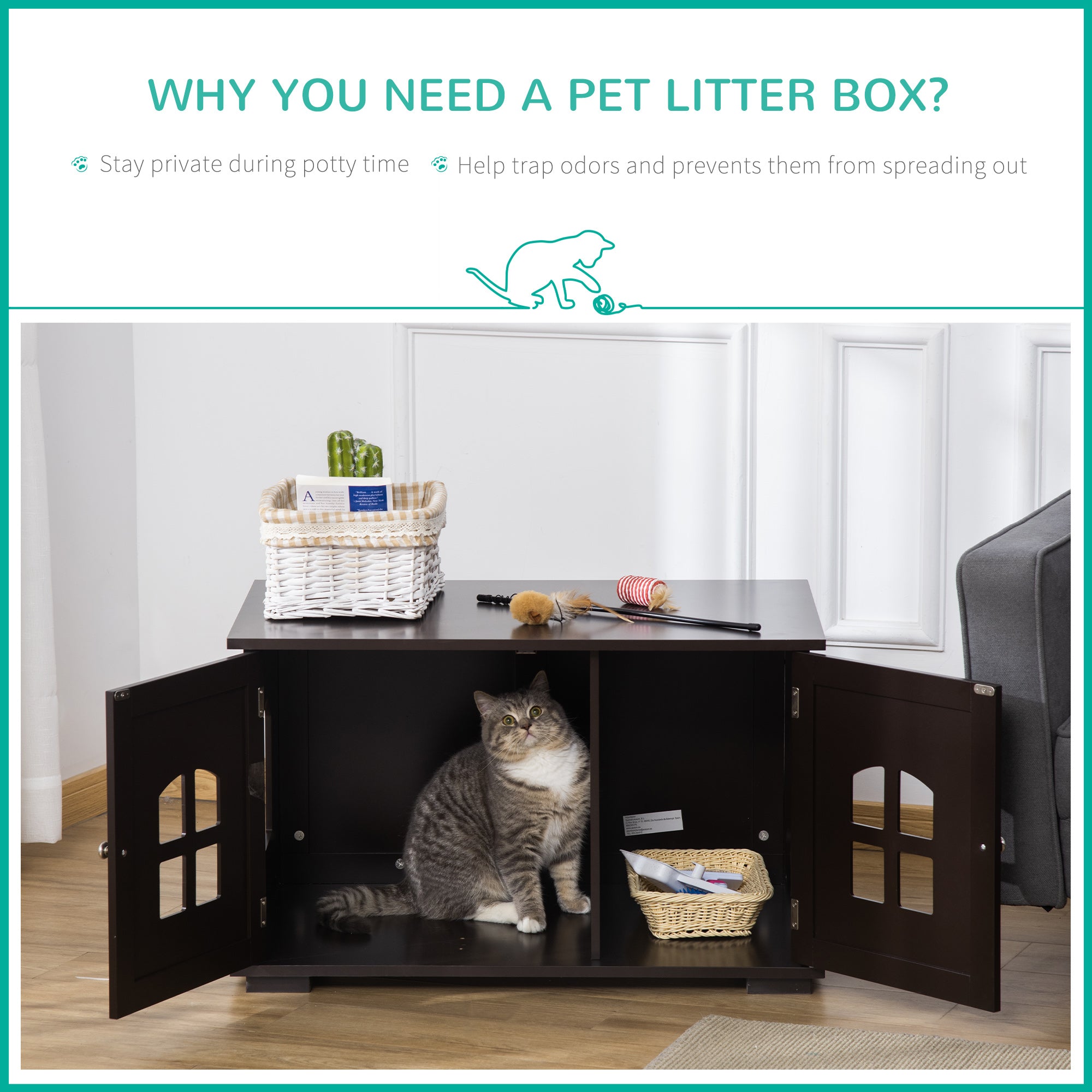 Cat Litter Box Enclosure Hidden Cat Furniture Cabinet Indoor Cat Washroom Double-door Nightstand End Table with Cat Hole Window Coffee Cat Litter Box Enclosures   at Gallery Canada