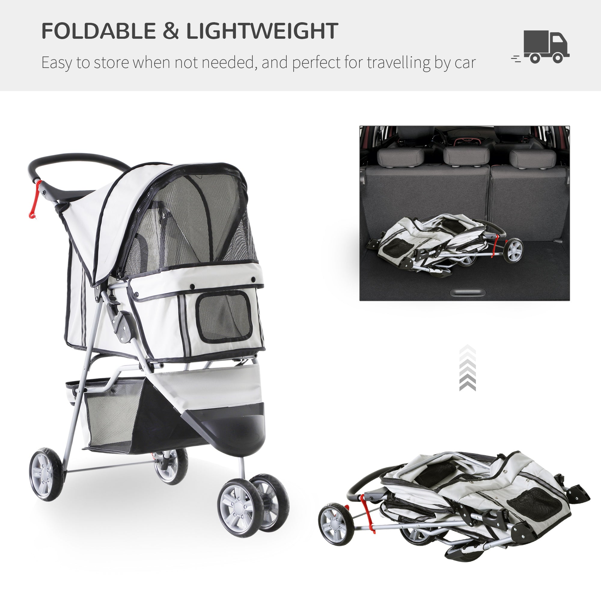 Deluxe 3 Wheels Pet Stroller Foldable Dog Cat Carrier Strolling Jogger with Brake, Canopy, Cup Holders and Bottom Storage Space (Grey) Dog Bike Trailers & Strollers   at Gallery Canada