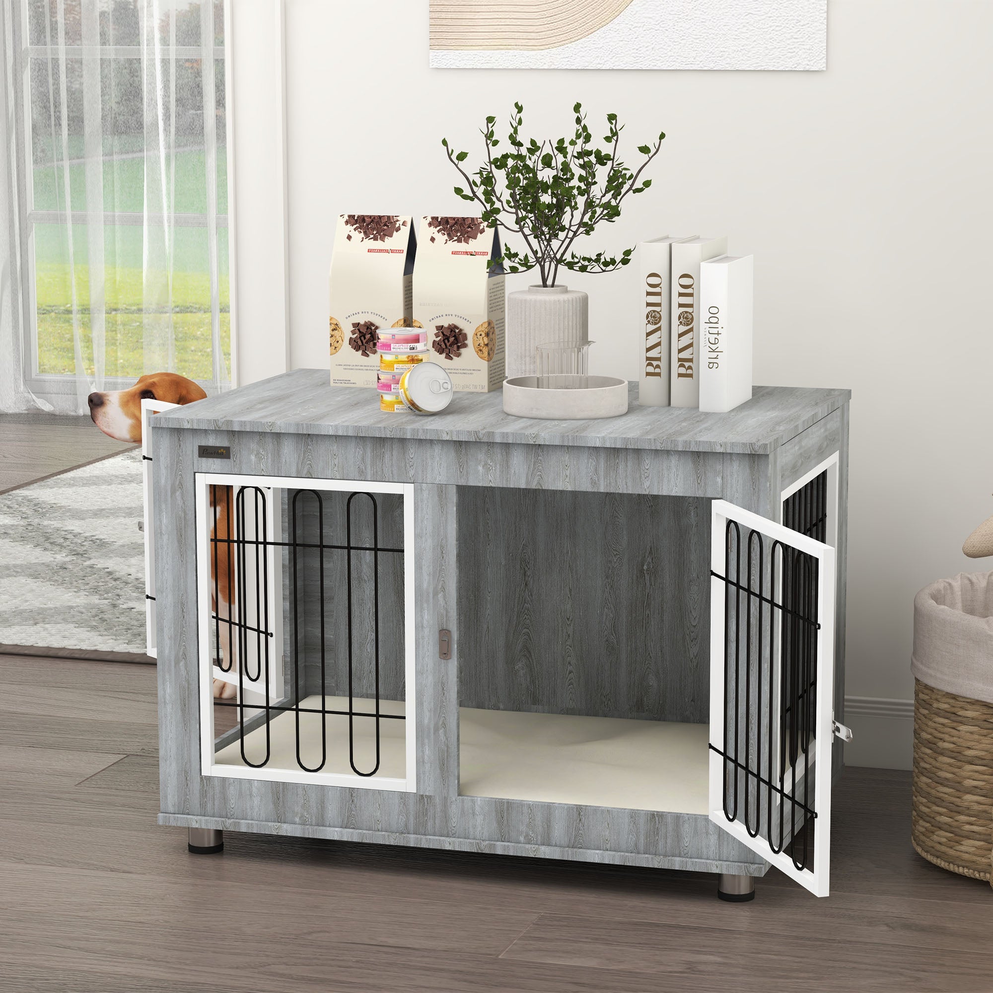 Pet Crate Side End Table for Indoor Use with Cushion, Double Doors, Grey Houses, Kennels & Pens   at Gallery Canada