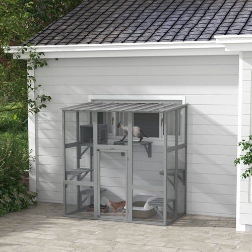 Outdoor Cat Enclosure Window Box with Weatherproof Roof, Bridge, Resting Box, Platforms, for 2 Kittens, Grey
