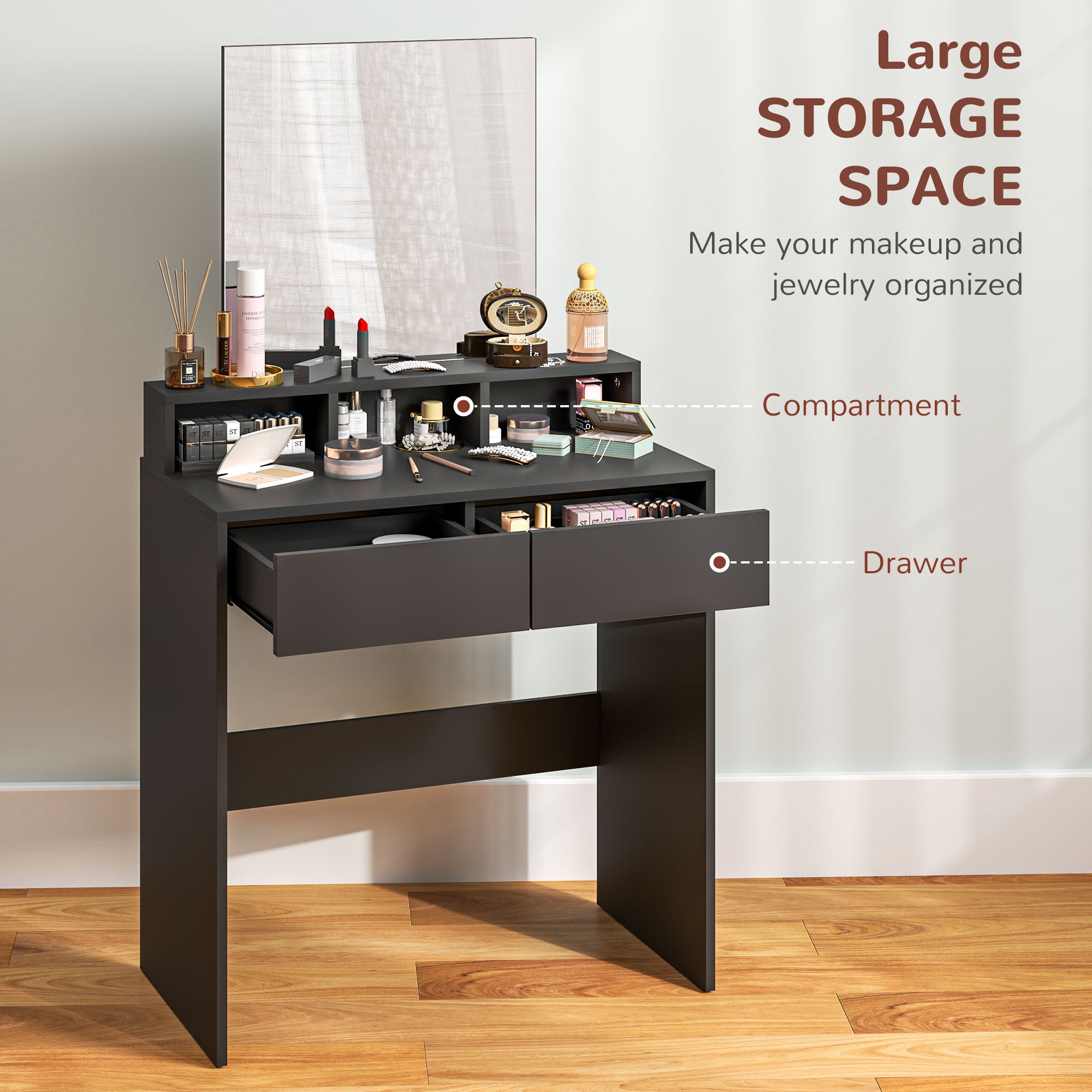 Makeup Vanity Desk with Mirror, for Bedroom, Modern Dressing Table with Drawers, Compartments, Black Dressing & Vanity Tables   at Gallery Canada