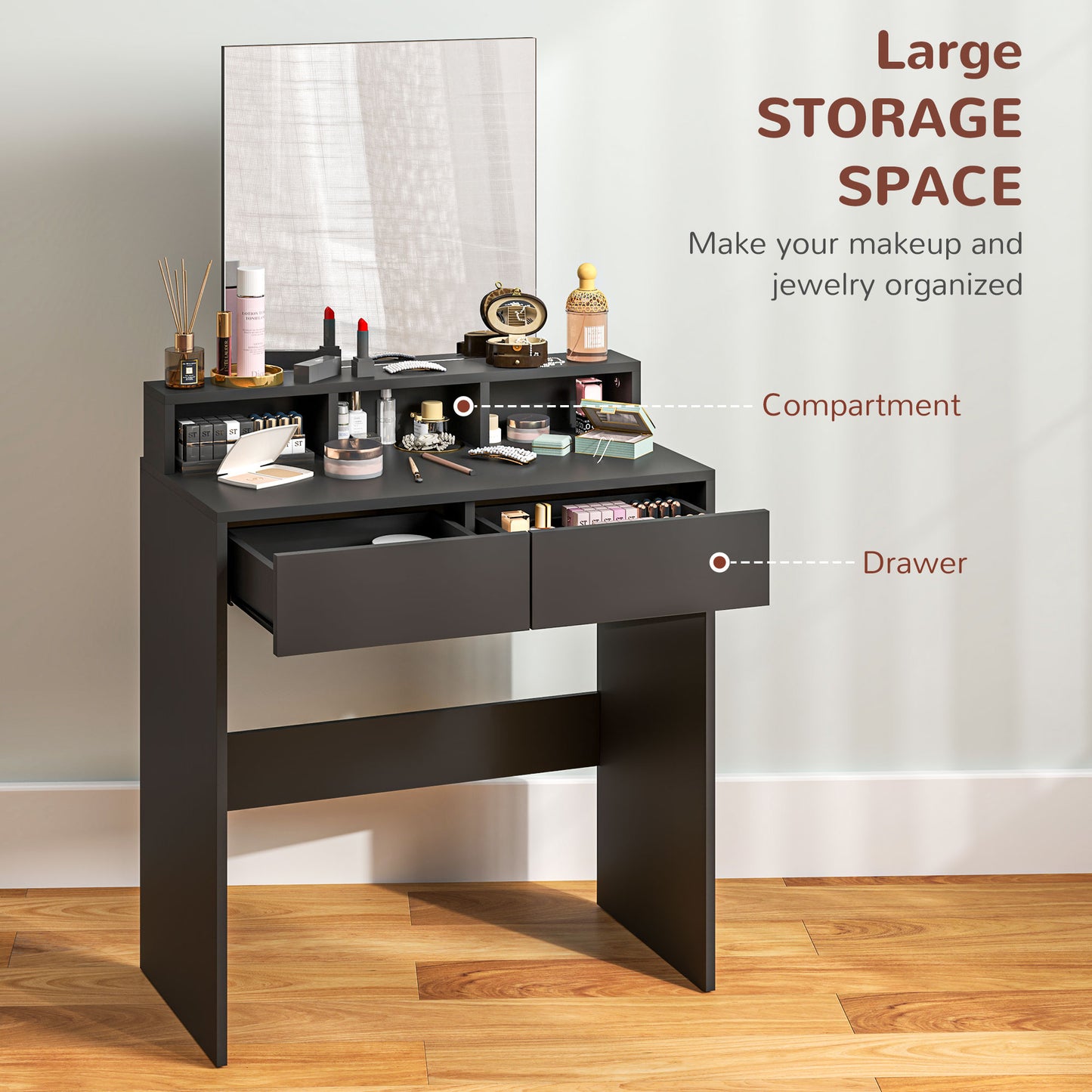 Makeup Vanity Desk with Mirror, for Bedroom, Modern Dressing Table with Drawers, Compartments, Black Dressing & Vanity Tables   at Gallery Canada