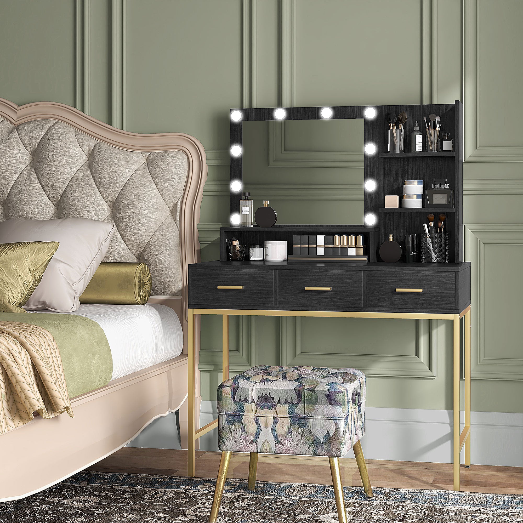 Illuminated Dressing Table, LED Vanity Table with Mirror, 3 Drawers and Storage Shelves for Bedroom, Black Dressing & Vanity Tables   at Gallery Canada