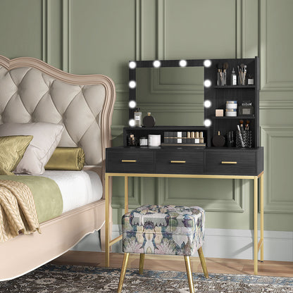 Illuminated Dressing Table, LED Vanity Table with Mirror, 3 Drawers and Storage Shelves for Bedroom, Black Dressing & Vanity Tables   at Gallery Canada