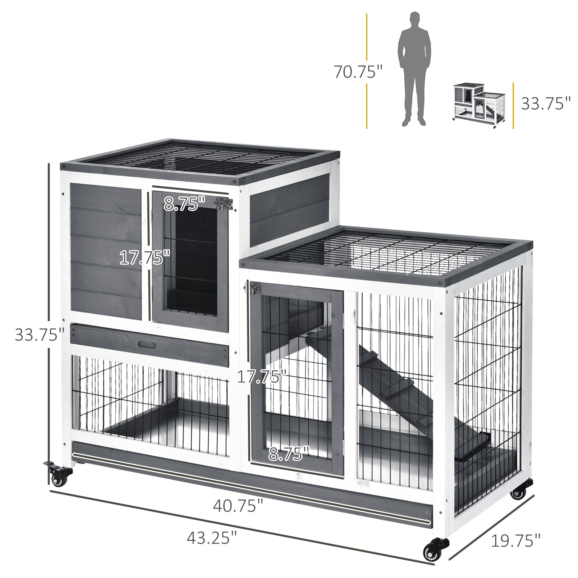 Rabbit Hutch Indoor Bunny Cage Guinea Pig House on Wheels with Run, Pull Out Trays, Grey and White Rabbit Hutch   at Gallery Canada