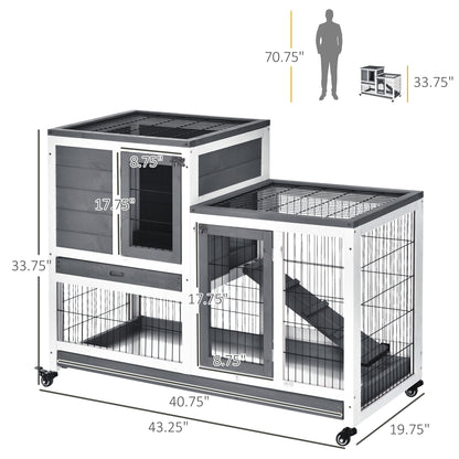 Rabbit Hutch Indoor Bunny Cage Guinea Pig House on Wheels with Run, Pull Out Trays, Grey and White Rabbit Hutch   at Gallery Canada