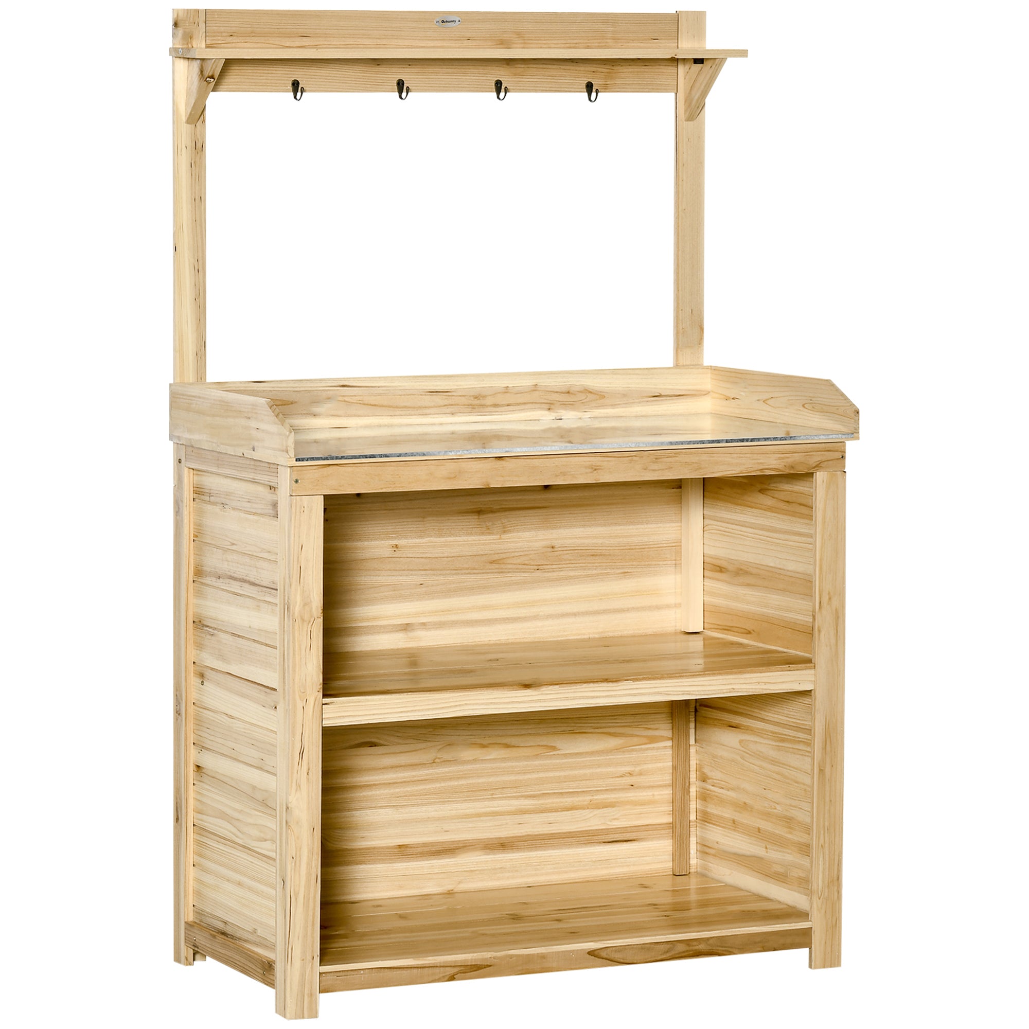 Potting Bench Table, Wooden Garden Workstation Bench with Galvanized Metal Tabletop, Storage Shelves and Hooks for Patios, Courtyards, Balcony Potting Benches & Tables Natural at Gallery Canada