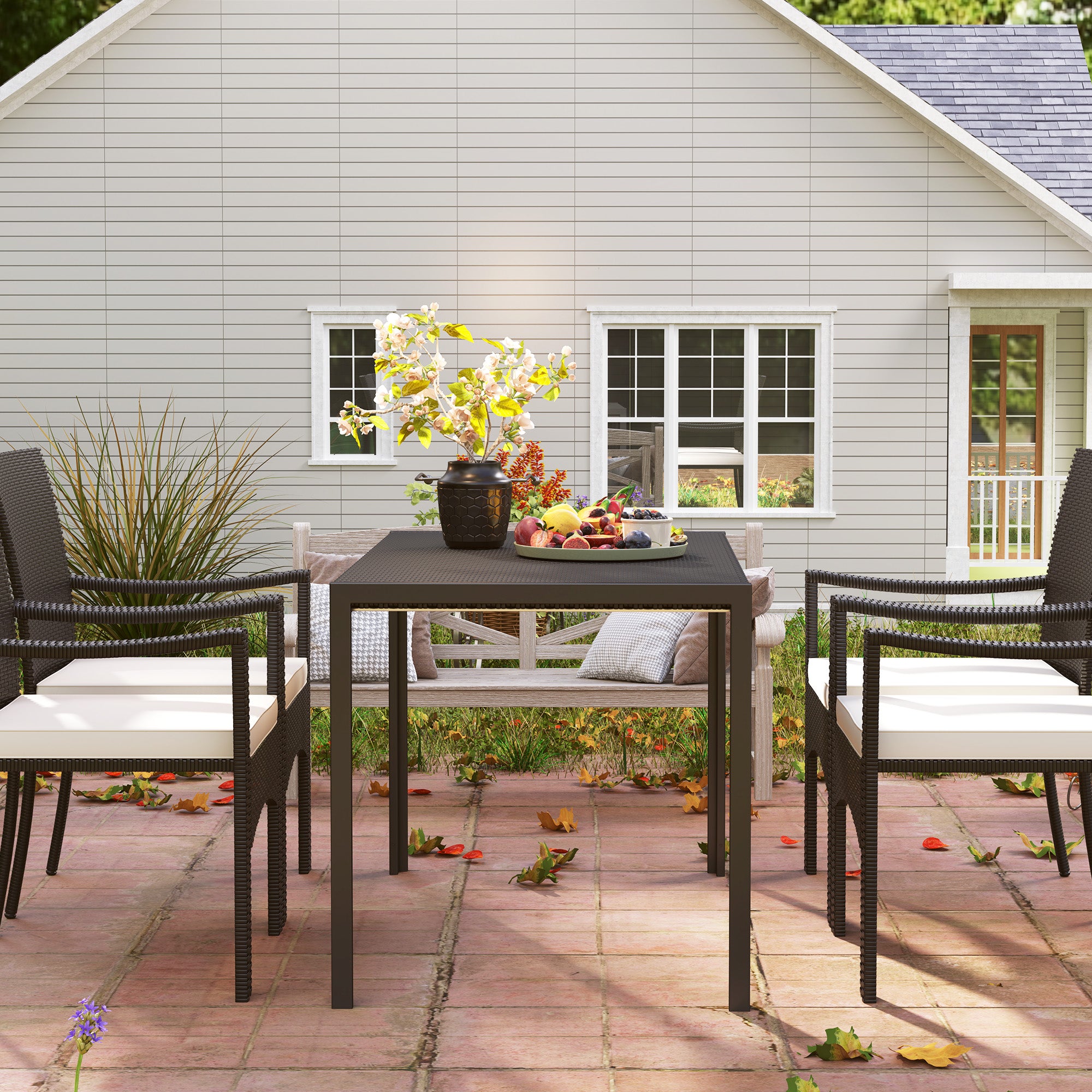 Rectangular Outdoor Dining Table, 4-Seat Patio Table with PE Rattan Wicker Tabletop for Backyard and Lawn, Black Patio Dinning Tables at Gallery Canada