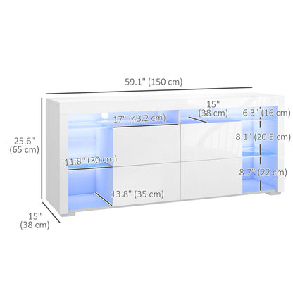 TV Stand with LED Lights for TVs up to 55", High Gloss TV Cabinet with Flip Doors and Glass Shelves, White TV Stands   at Gallery Canada
