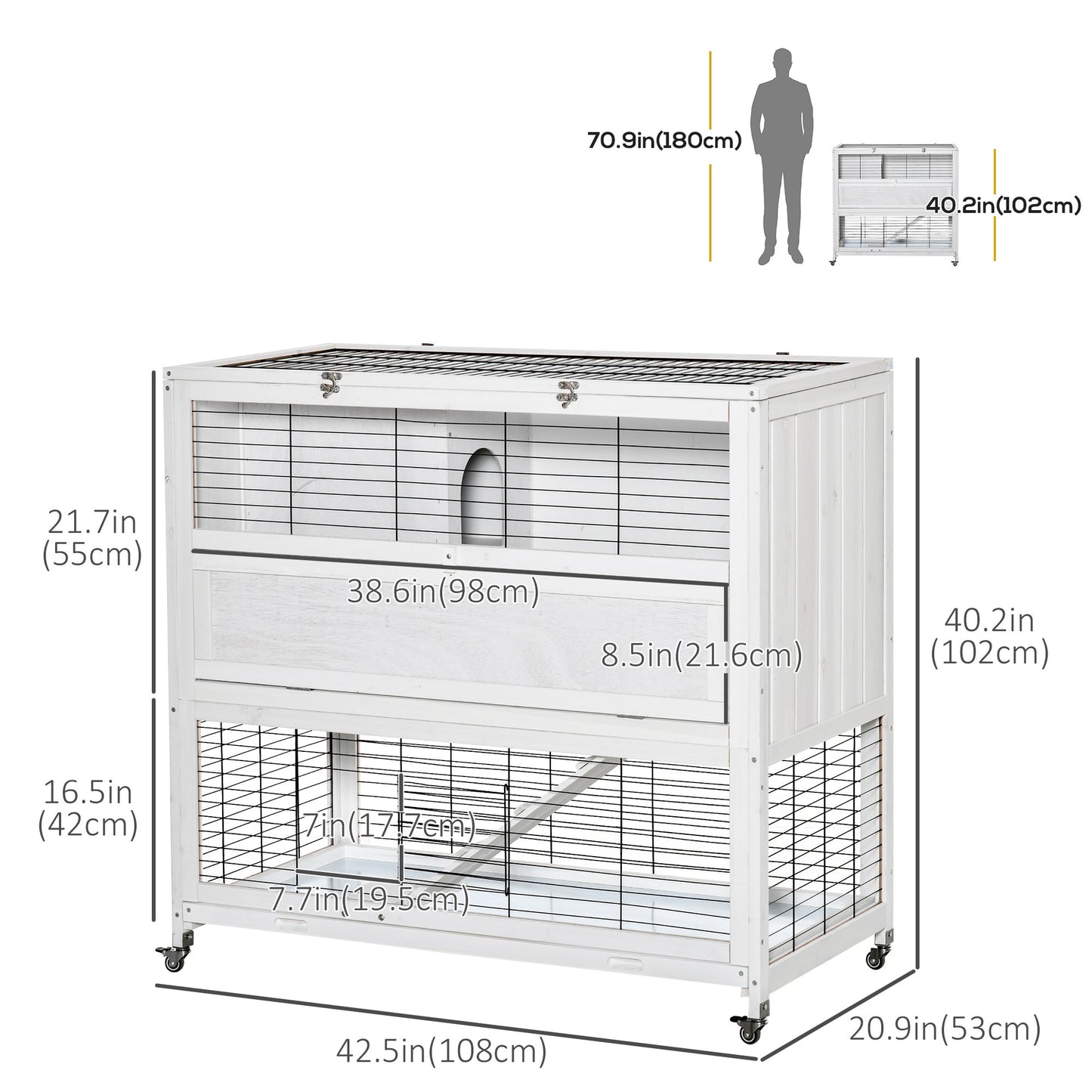 42.5" Wooden Rabbit Hutch Indoor with Wheels, Bunny Cage with Openable Roof, Hut, Slide-out Tray, Ramp, White Rabbit Hutch   at Gallery Canada