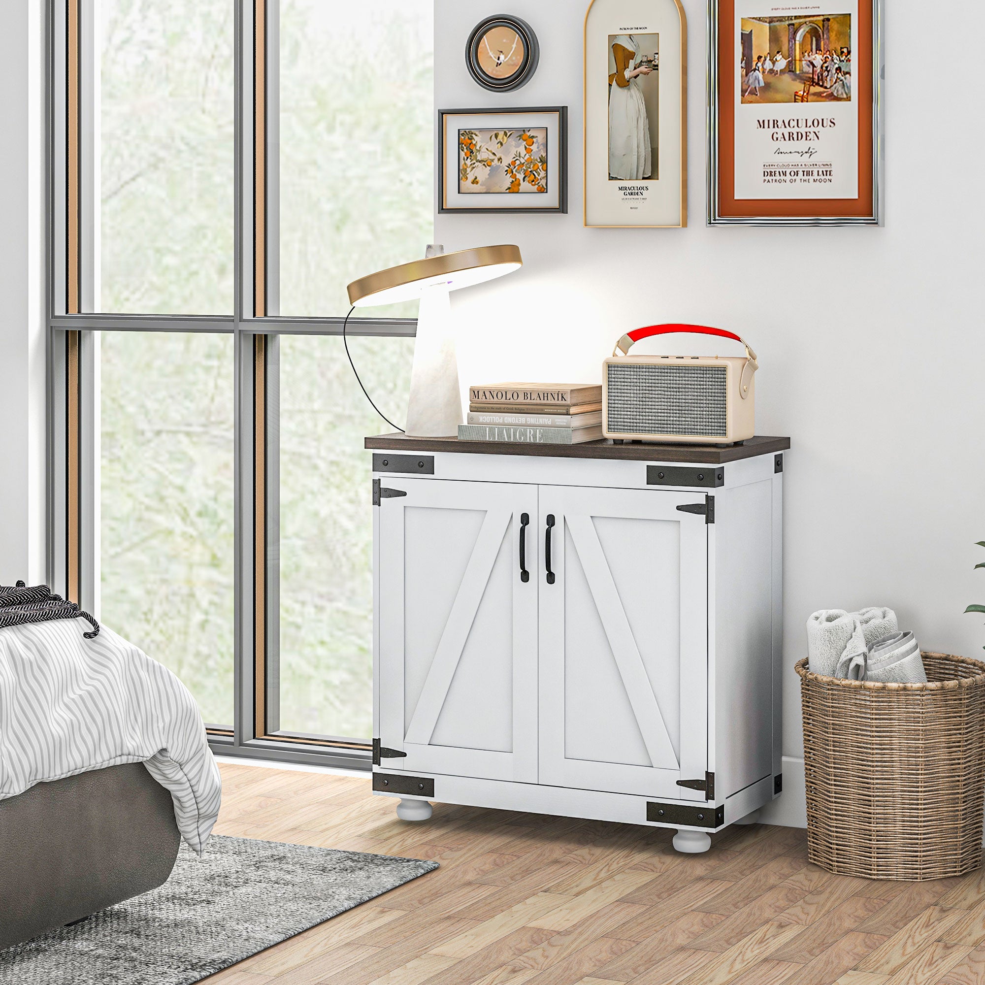 Sideboard Buffet, Kitchen Storage Cabinet with Barn Door and Adjustable Shelves, White and Brown Storage Cabinets   at Gallery Canada