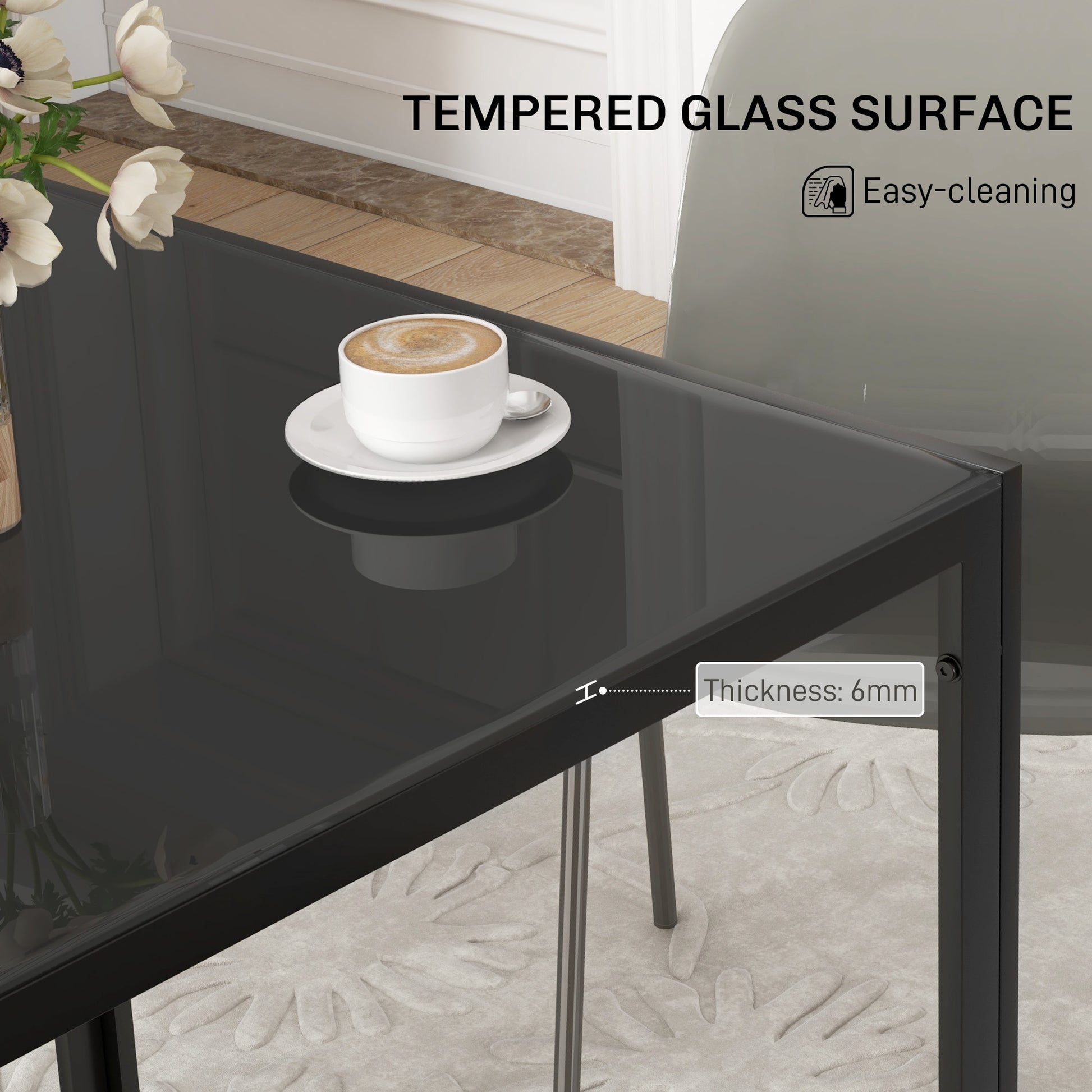 Square Kitchen Table for 2-4 People, Dining Table with Glass Top and Steel Legs for Dining Room, Black Dining Tables   at Gallery Canada