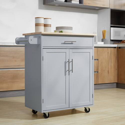 Rolling Kitchen Island Cart with Wood Top, Enough Storage Drawer Space with Towel Bar Rack Shelves, Portable Kitchen Utility Serving Cart Trolley on Wheels (Grey)
