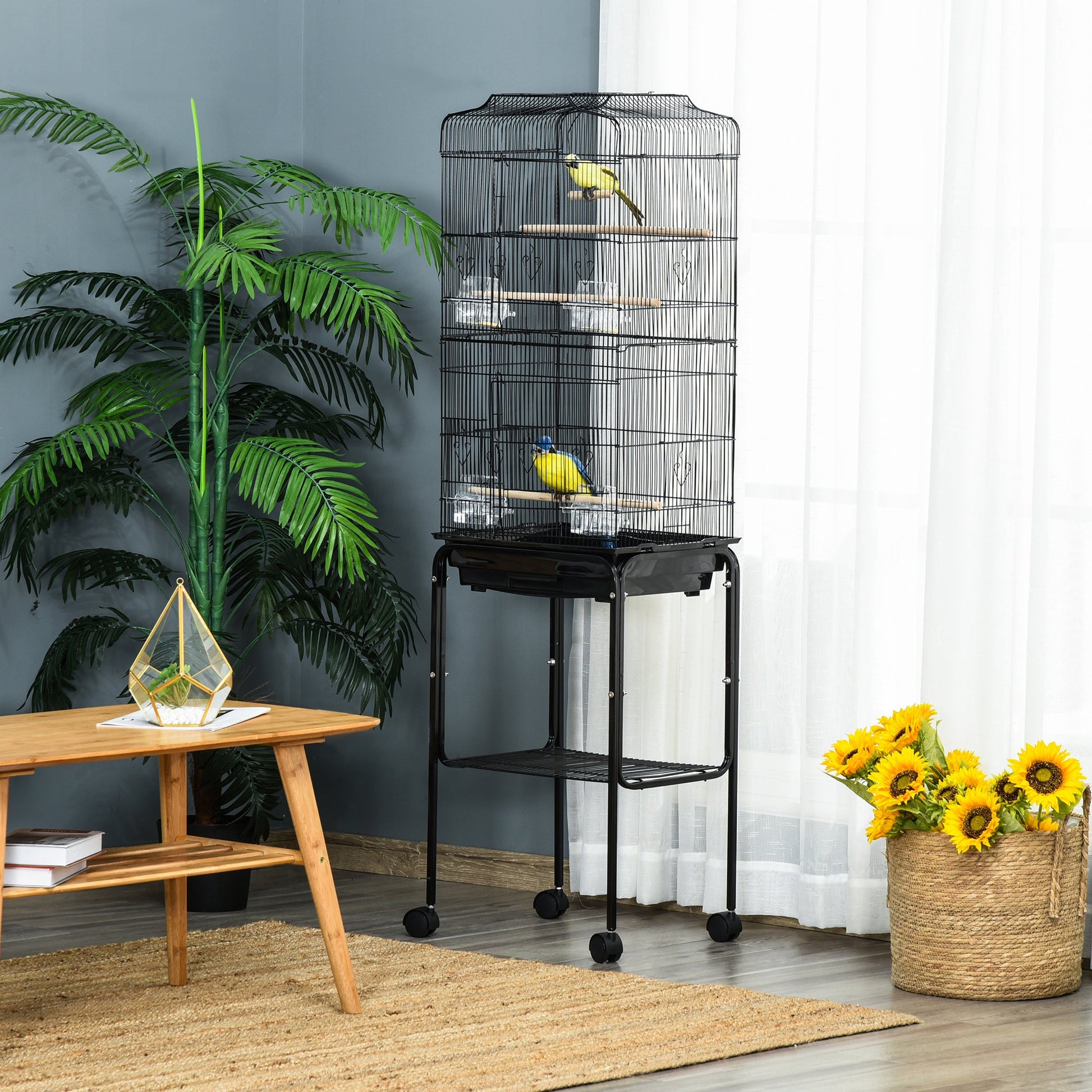 62" Rolling Bird Cage Cockatoo House Play Top Finch Pet Supply with Storage Shelf, Wheels - Black Bird Cages   at Gallery Canada