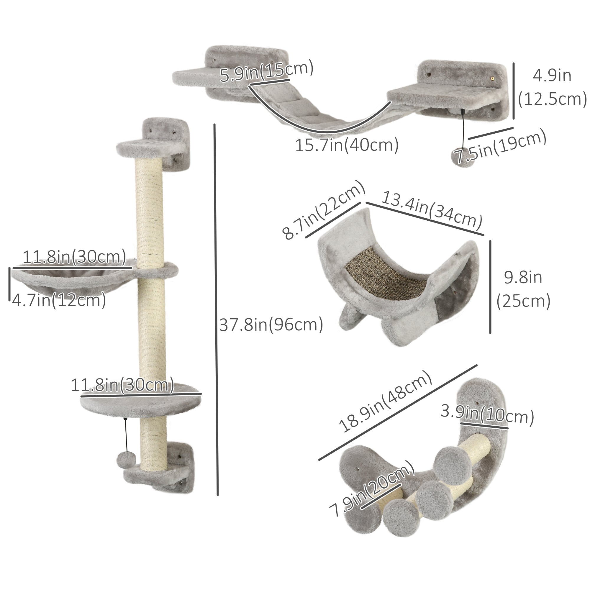 4Pcs Cat Wall Shelf with Scratching Post, Cat Wall Shelves for Relaxing, Climbing, Cat Wall With Soft Ladder, Hammock, Play Balls, Grey Cat Climbing Wall at Gallery Canada