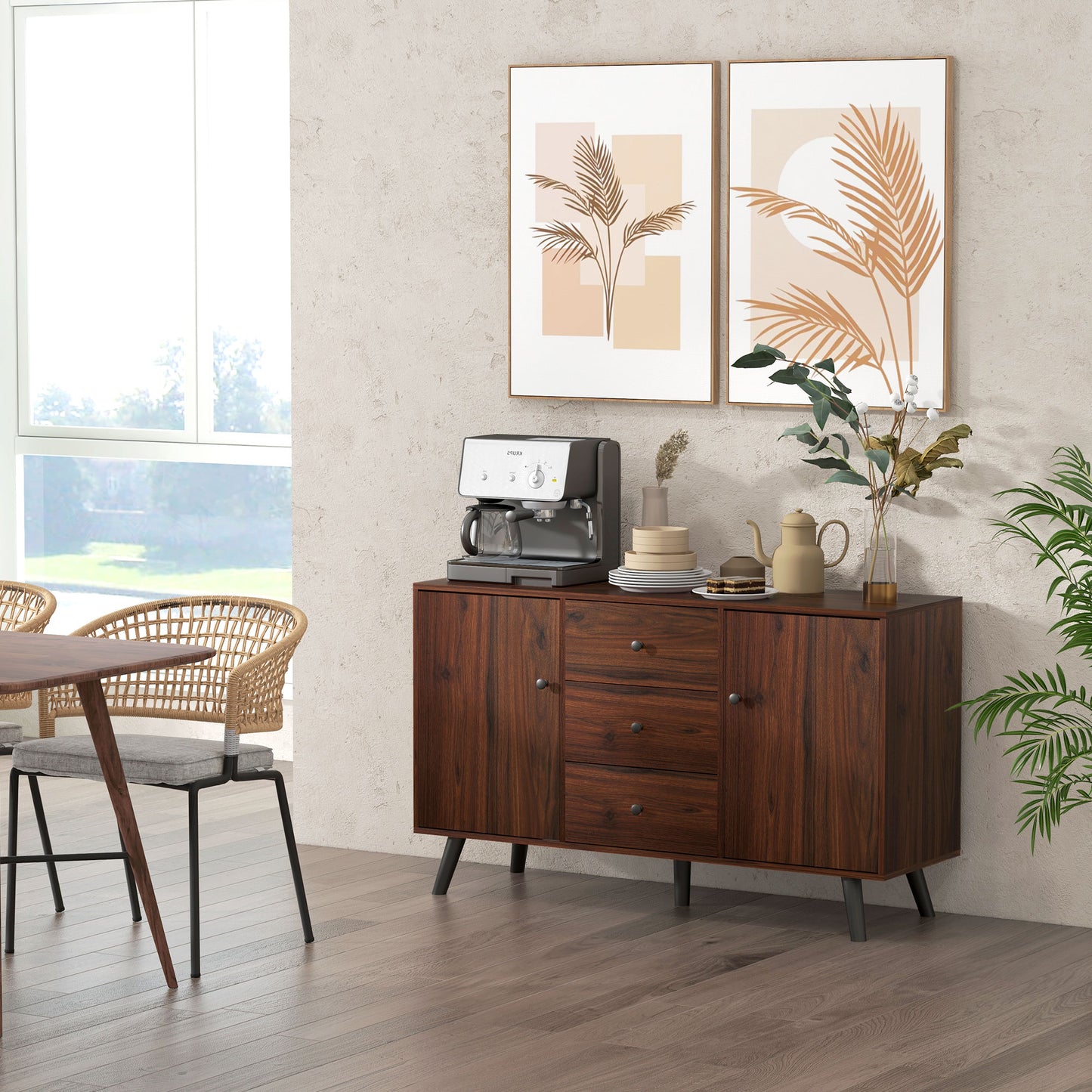 Kitchen Storage Sideboard, Buffet Cabinet with 2 Cupboard, 3 Drawers and Adjustable Shelves for Living Room Rustic Brown Bar Cabinets at Gallery Canada