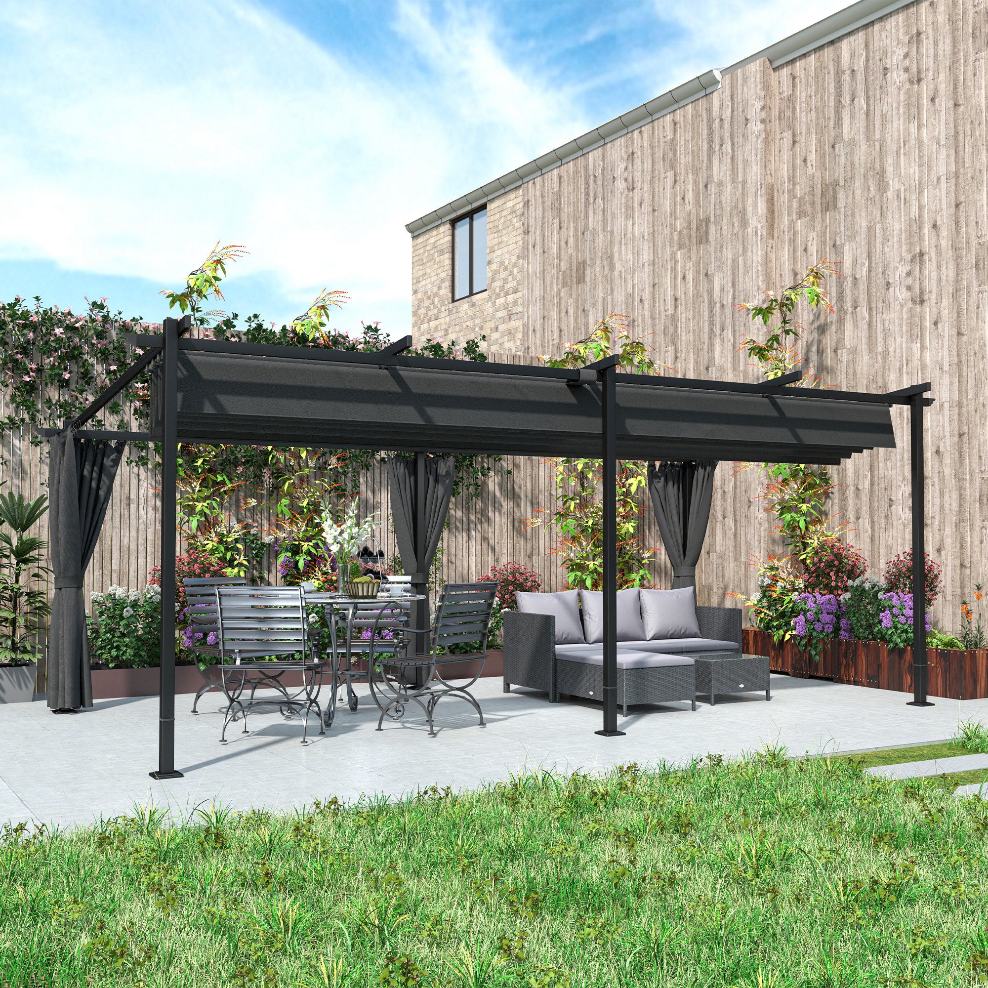 10' x 20' Metal Retractable Pergola Canopy with Sidewalls, Outdoor Gazebo UPF30+ Sun Shade Shelter for Garden, Deck Pergolas at Gallery Canada