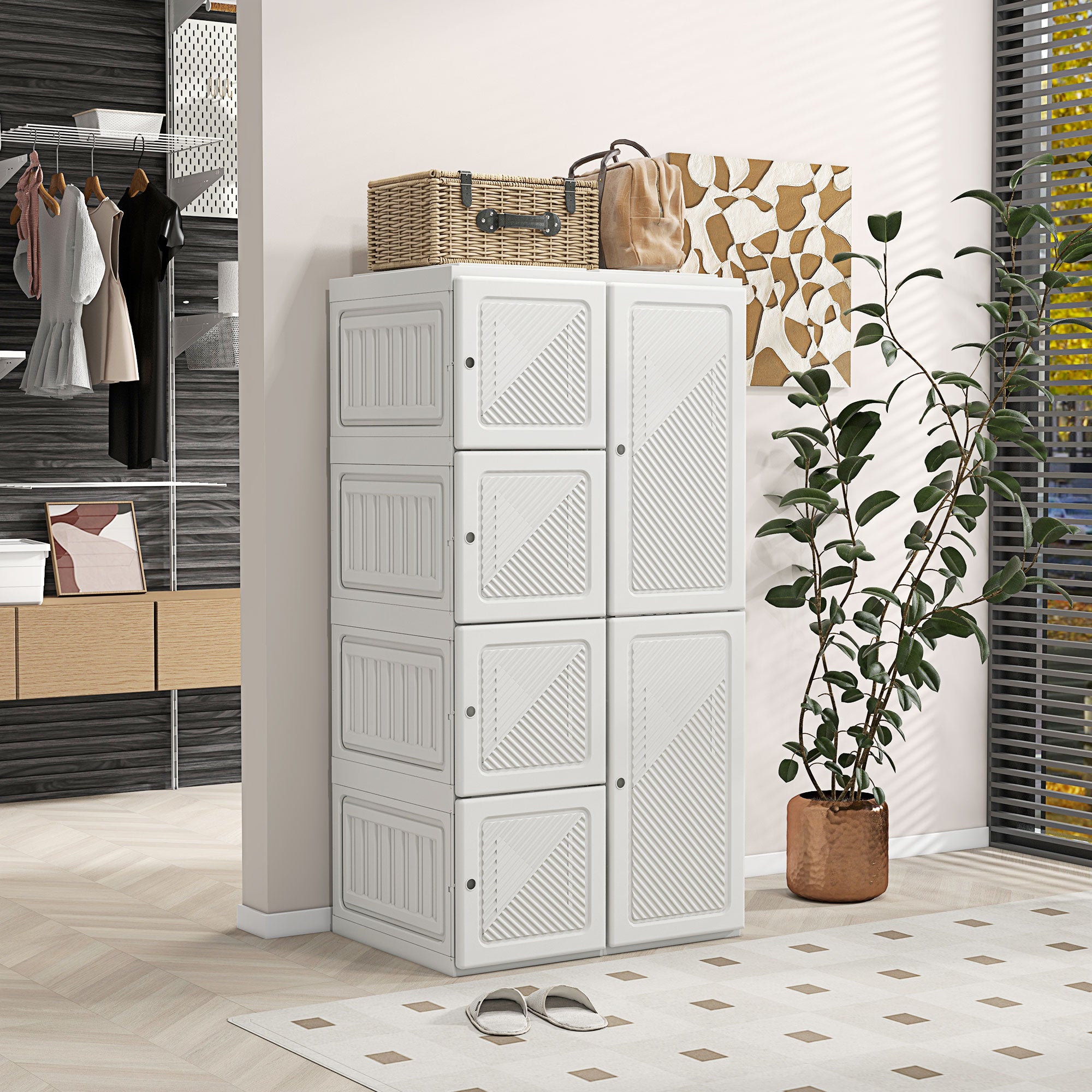 Portable Wardrobe, Foldable Clothes Storage Organzier with 5 Compartments, 2 Hanging Rod, Magnet Doors, White Clothing Storage at Gallery Canada