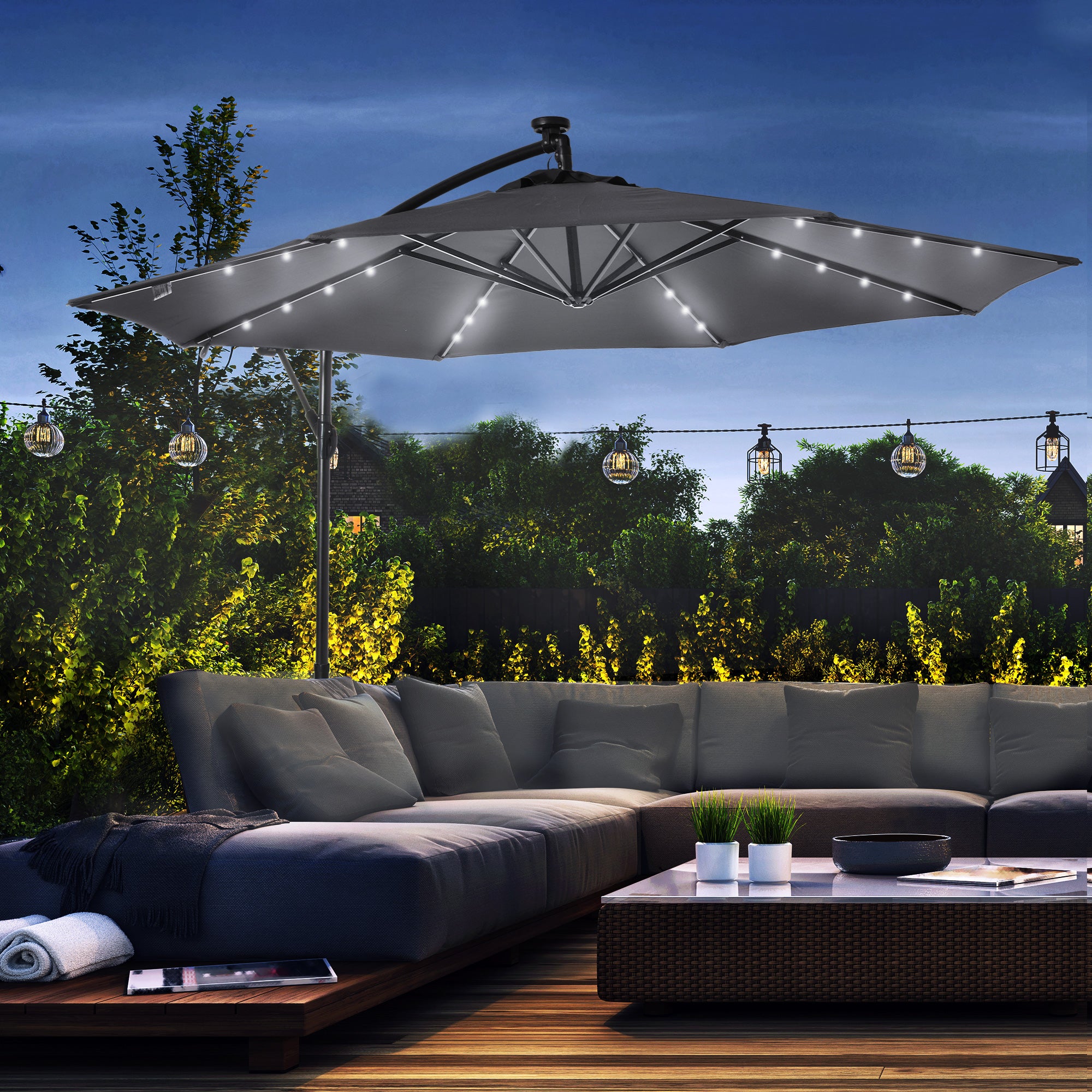 10ft Outdoor Cantilever Umbrella with Solar Lights, Banana Umbrella with Adjustable Angle for Patio, Backyard, Dark Gray Cantilever Umbrellas at Gallery Canada