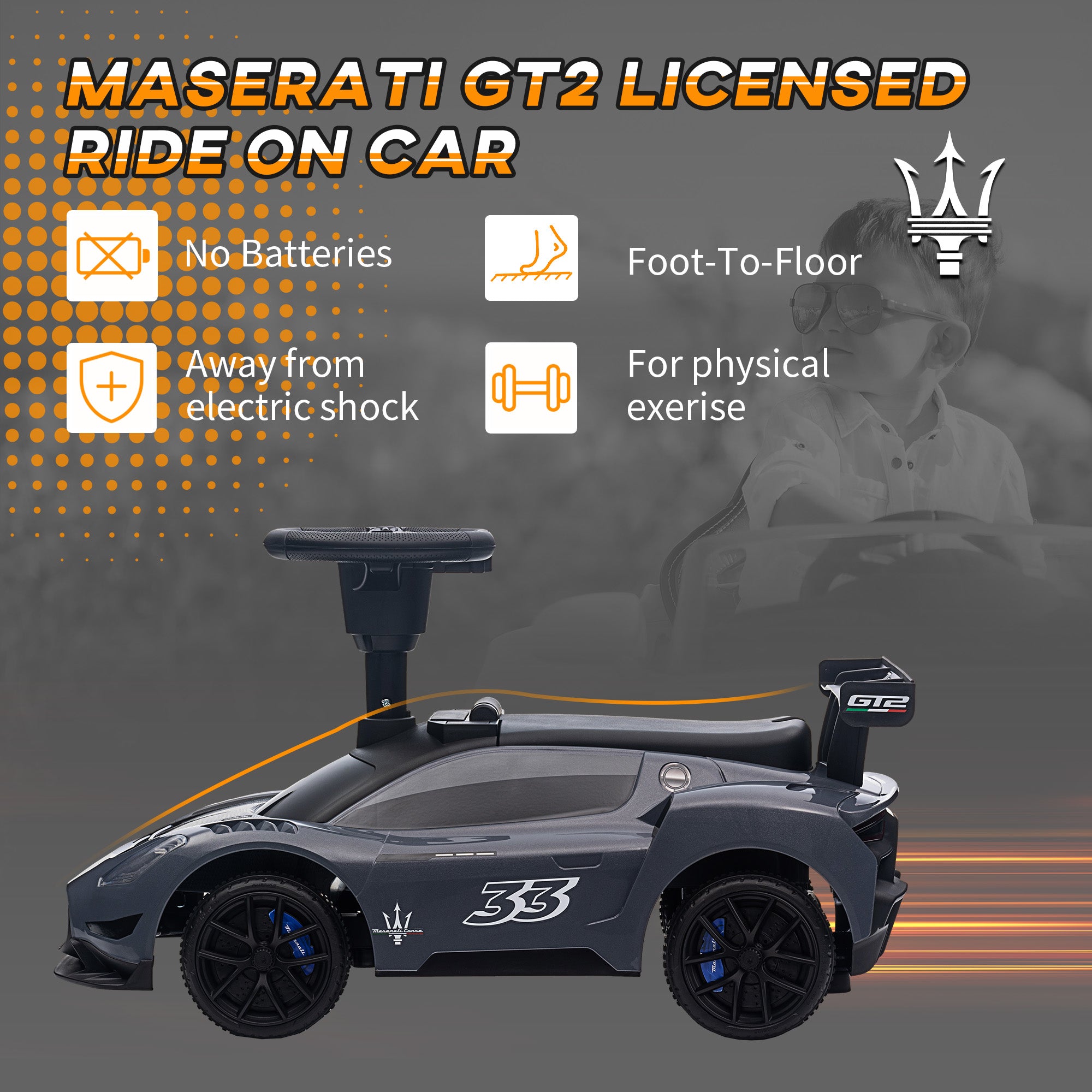 Licensed Maserati GT2 Baby Sliding Car with Storage, Music, Horn, Foot to Floor Toddler Car for 18-60 Months, Grey Push Cars for Toddlers   at Gallery Canada