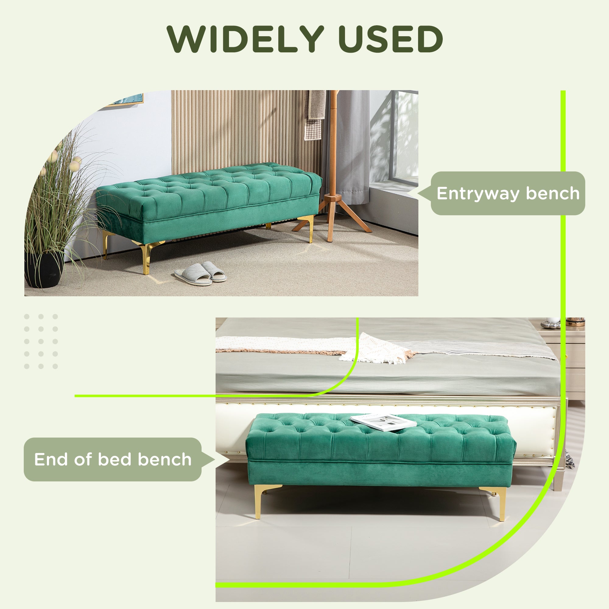 End of Bed Bench, Upholstered Bench, Entryway Shoe Bench with Button Tufted for Living Room, Bedroom, Dark Green Storage Ottomans & Benches at Gallery Canada