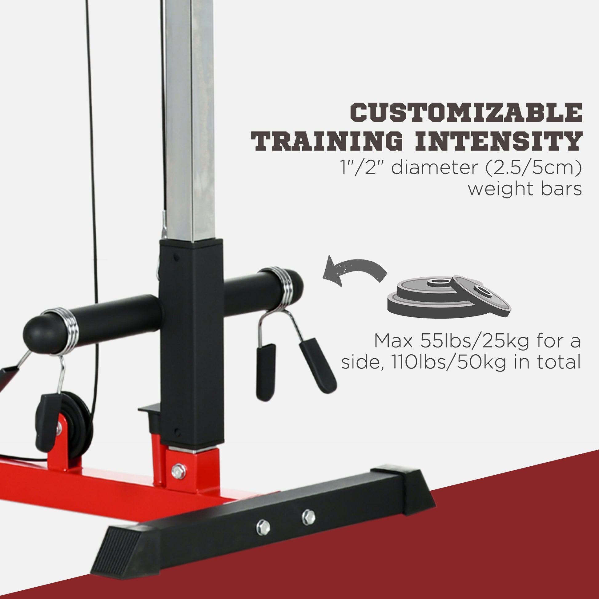 Lat Pull Down Machine, High / Low Pulley Machine with Adjustable Seat and Flip-Up Footplate, Red Power Towers   at Gallery Canada