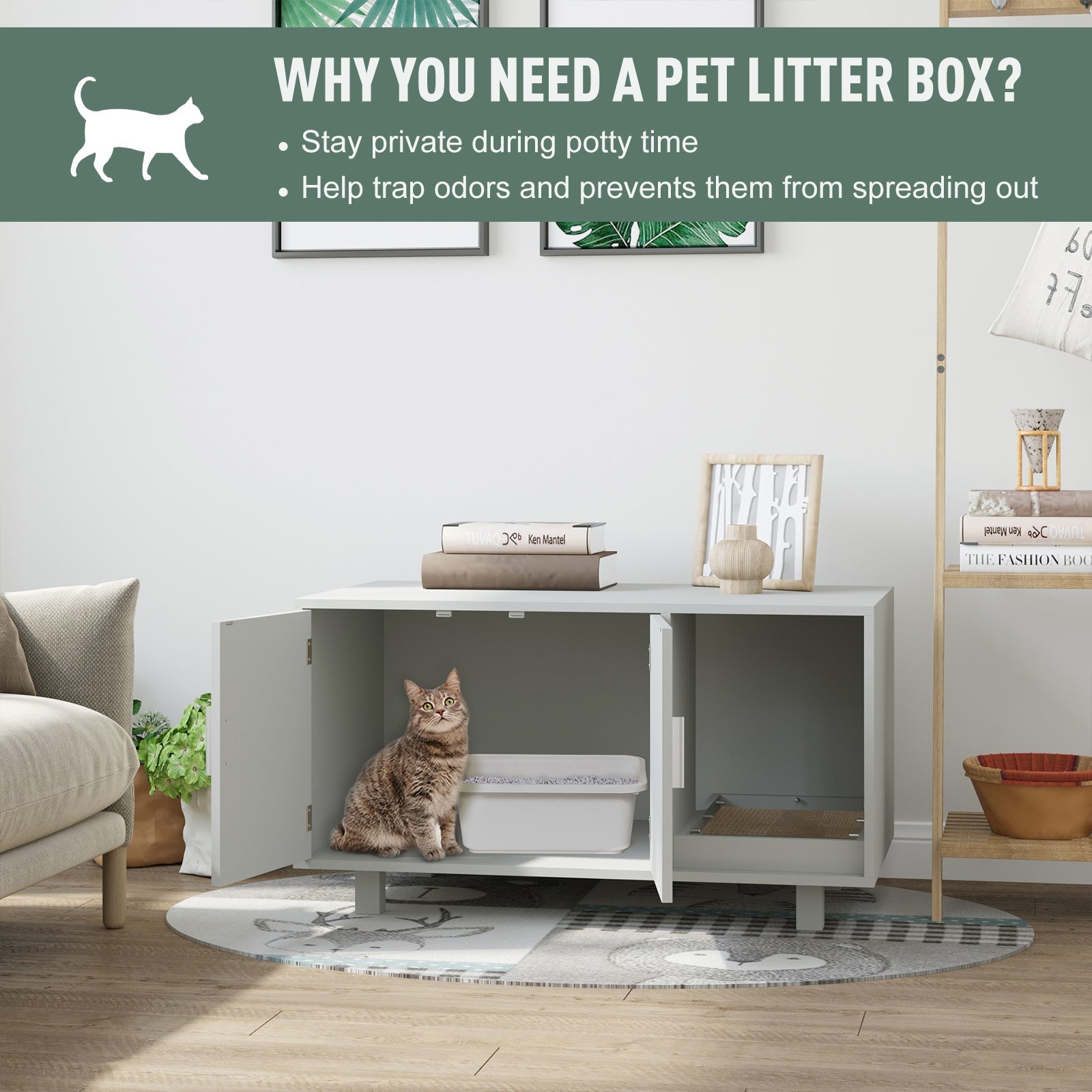 Wooden Cat Washroom Pet Litter Box Enclosure Kitten House Nightstand End Table with Scratcher Magnetic Doors Grey Cat Litter Box Enclosures   at Gallery Canada