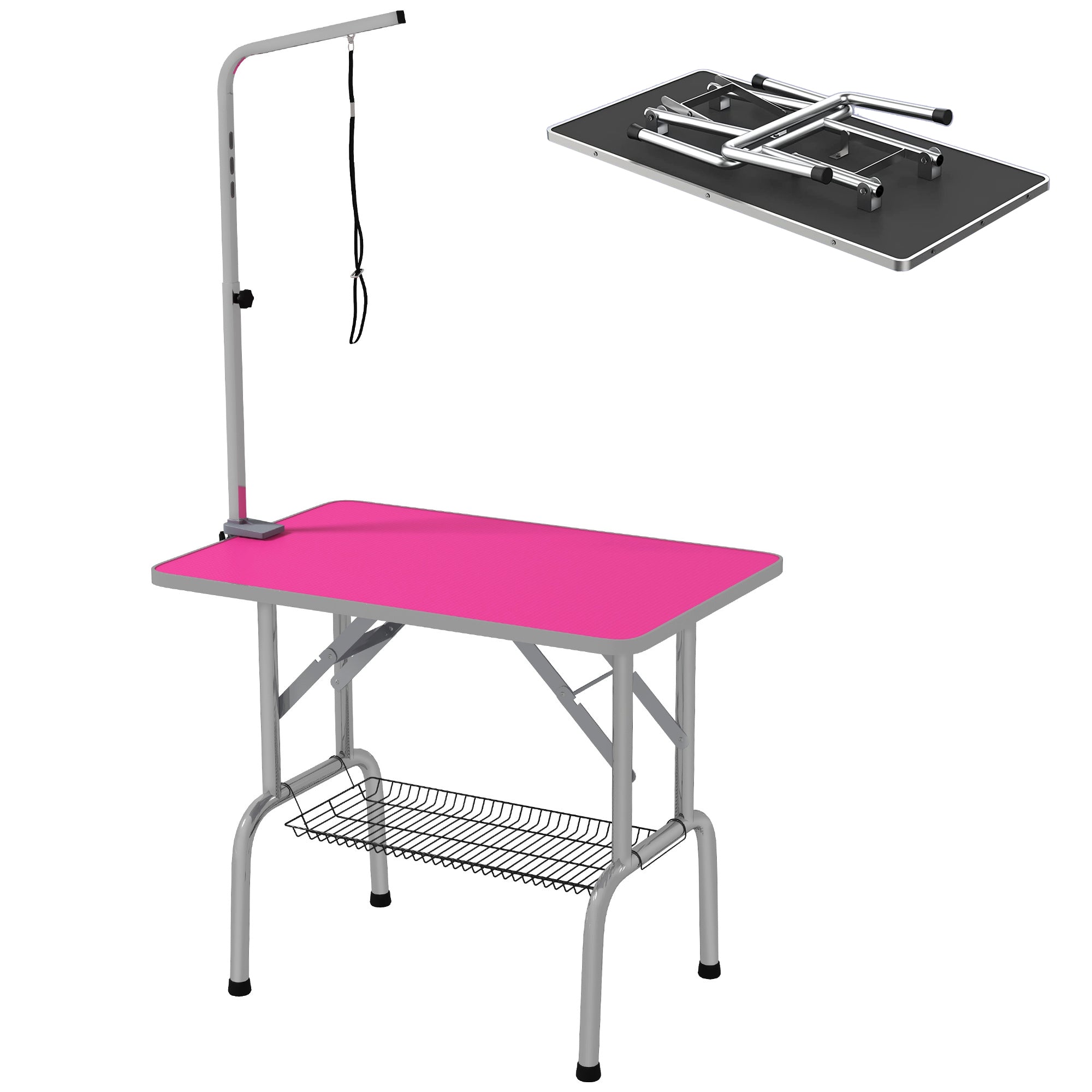 Foldable Grooming Table for Dogs with Height Adjustable Grooming Arm, Storage Shelf, Pink Dog Grooming Tables at Gallery Canada