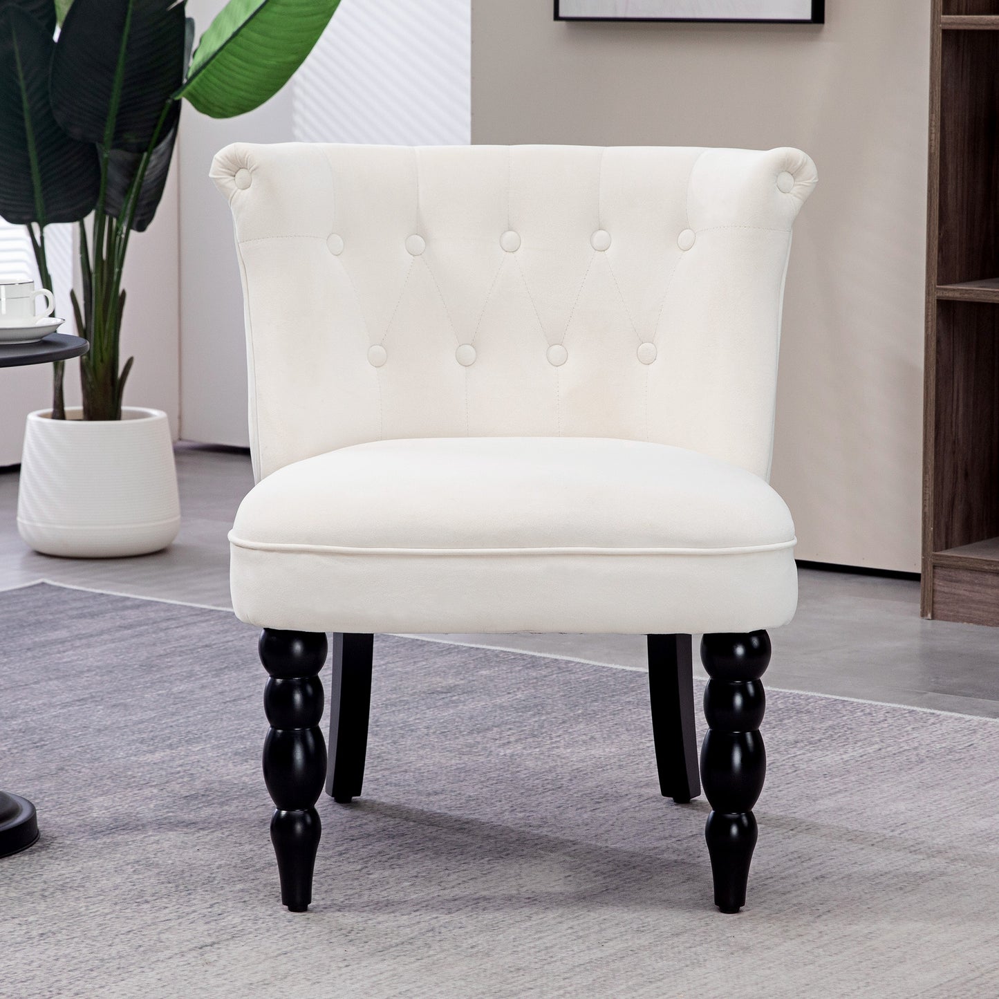 Accent Armchair, Vintage Lounge Chair with Button Tufted Back, Turned Legs for Living Room, Dining Room, Cream White Accent Chairs   at Gallery Canada