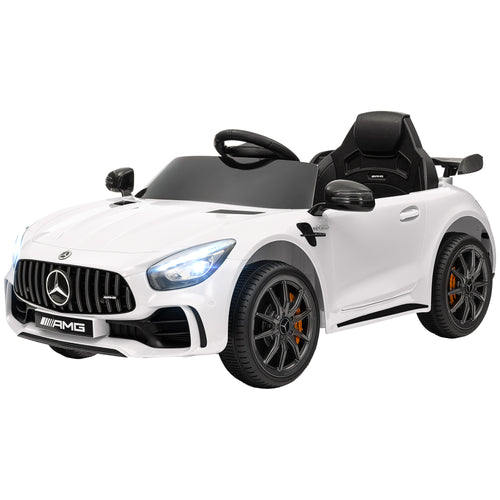 Mercedes-Benz AMG GTR Licensed 12V Battery Powered Kids Electric Car w/ Remote, Soft Start, Lights, Music Horn White