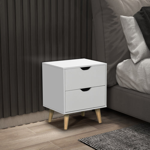 Modern Bedside Table, Nightstand with 2 Drawers and Pine Wood Legs for Bedroom, Living Room, White