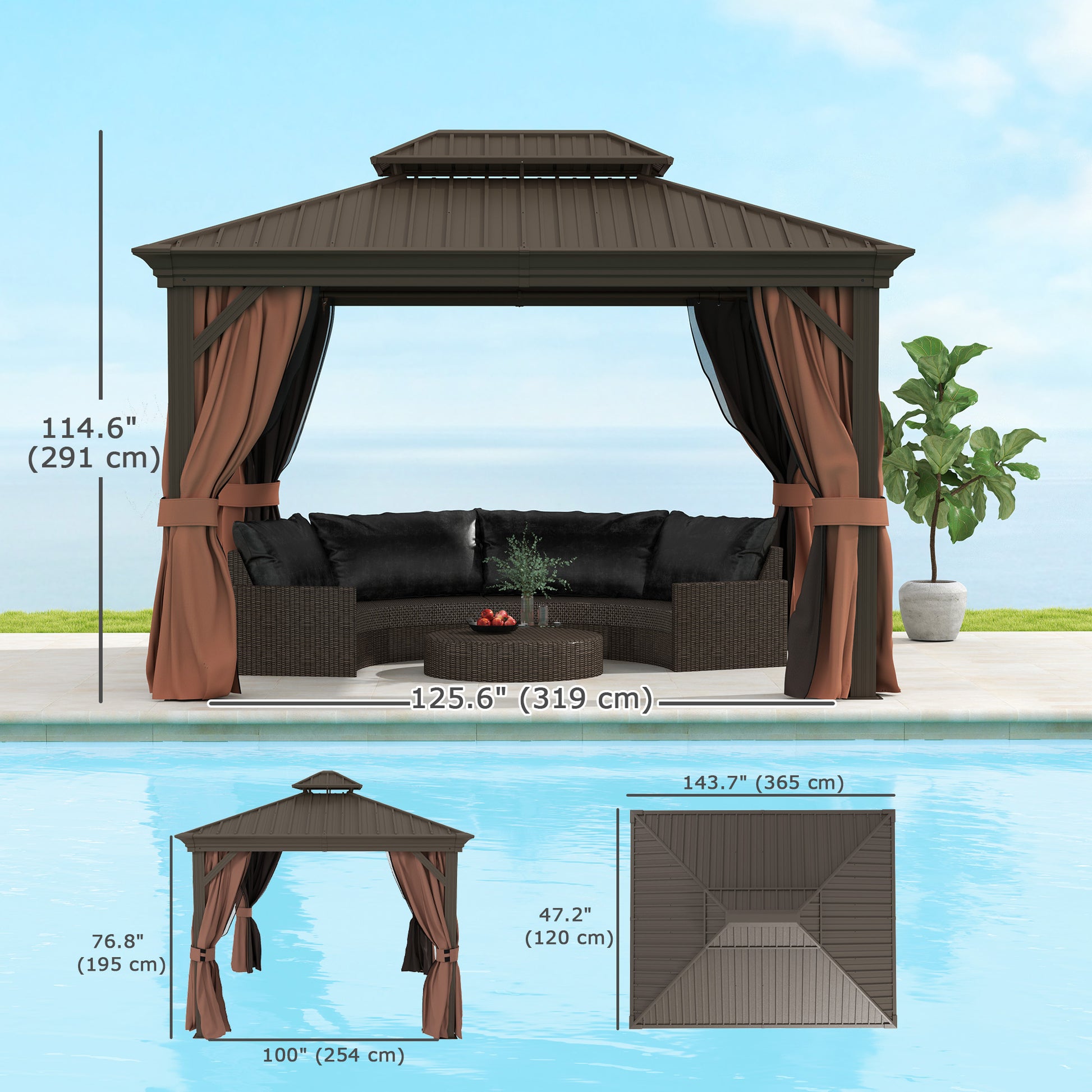 10' x 12' Outdoor Hardtop Gazebo with Galvanized Canopy &; Netting Sidewalls for Lawn, Backyard, Dark Brown Gazebos at Gallery Canada