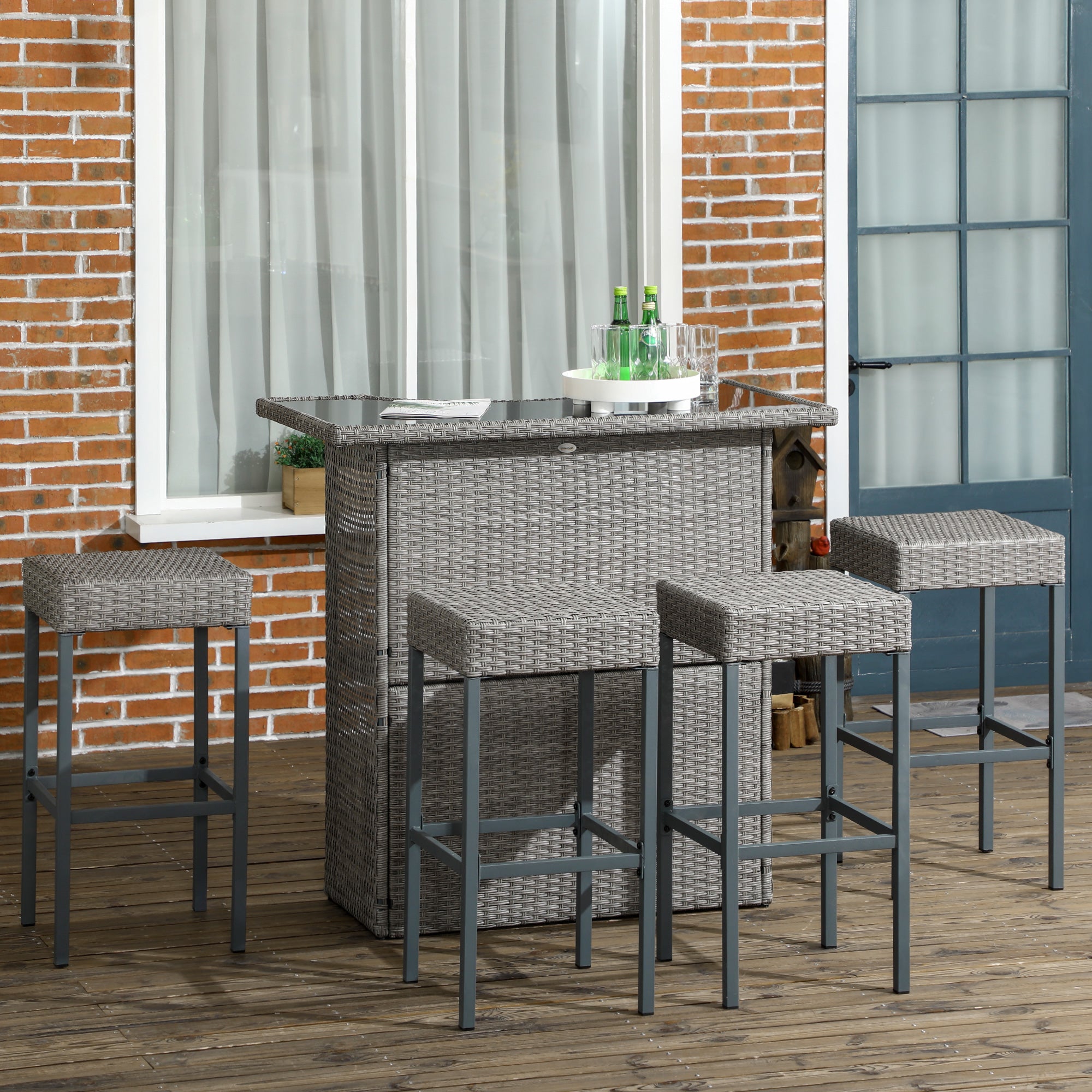 5 Pieces Patio Bar Set, Outdoor PE Rattan Wicker High Top Outdoor Table and Chairs Outdoor Bar Set with Tempered Glass Top Bar Table and Shelves, 4 Bar Chairs, Grey Bistro Sets at Gallery Canada