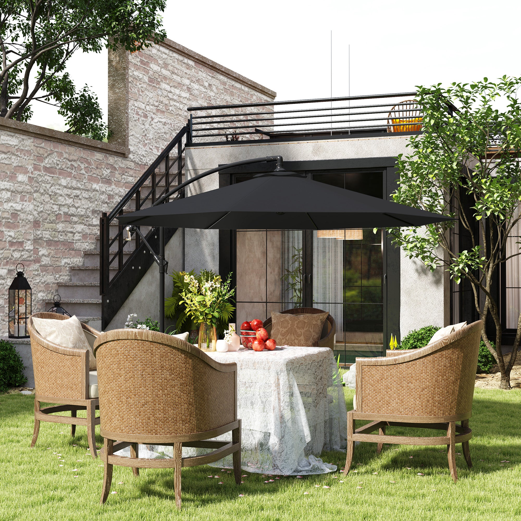 9.7ft Offset Patio Umbrella Garden Hanging Parasol Banana Cantilever Umbrella with Base, Crank, Black Offset Cantilever Umbrellas at Gallery Canada