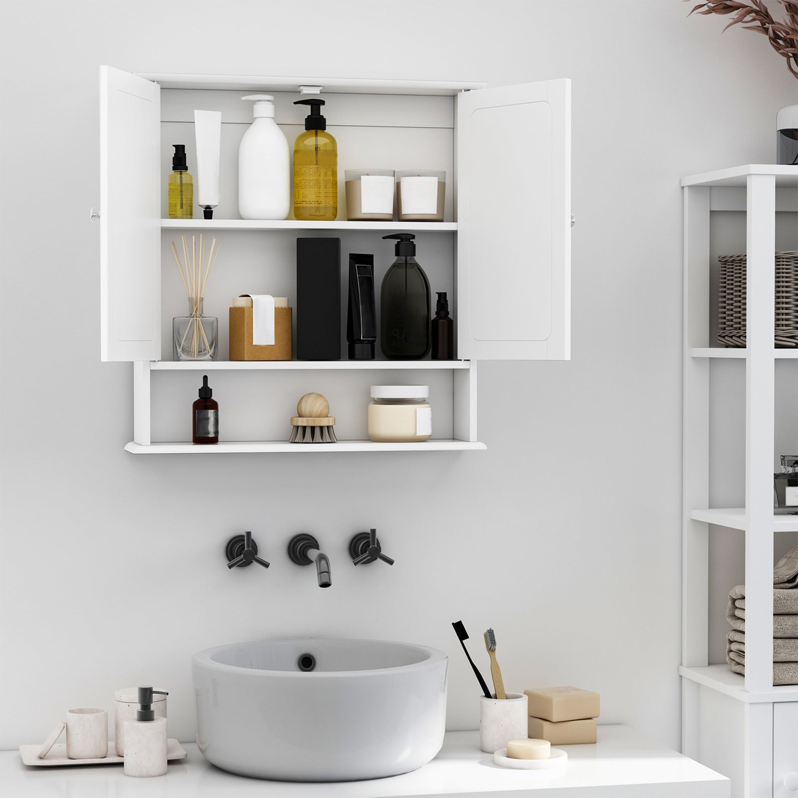 Medicine Cabinet, Wall-Mounted Bathroom Mirror Cabinet with Double Doors, Open Shelf, and Adjustable Shelf, Modern Bathroom Wall Cabinet, White Mirror Medicine Cabinets at Gallery Canada