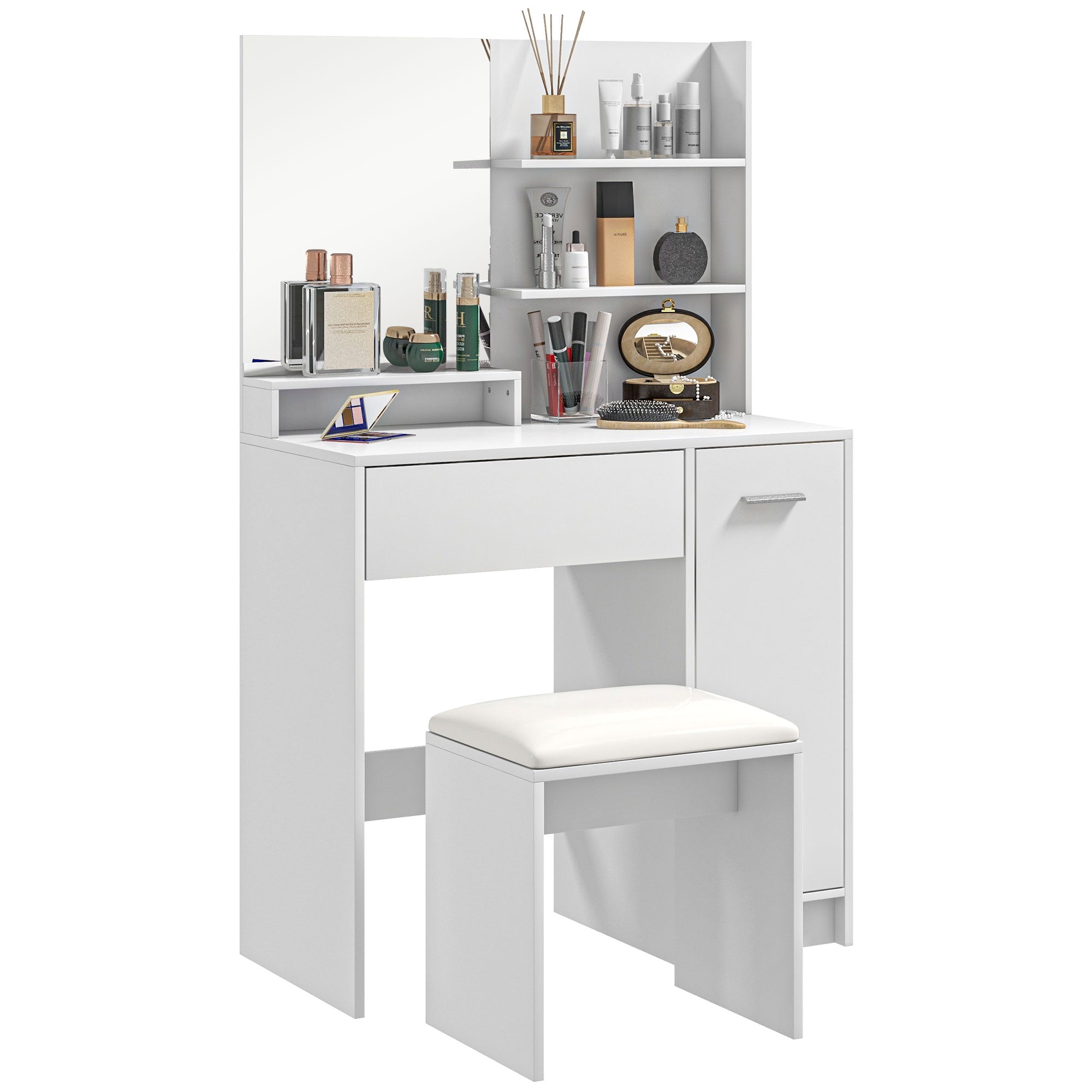 Vanity Set with Mirror and Stool, Makeup Vanity Table with Storage Drawer, Cabinet, Adjustable Shelf for Bedroom, White Dressing & Vanity Tables   at Gallery Canada