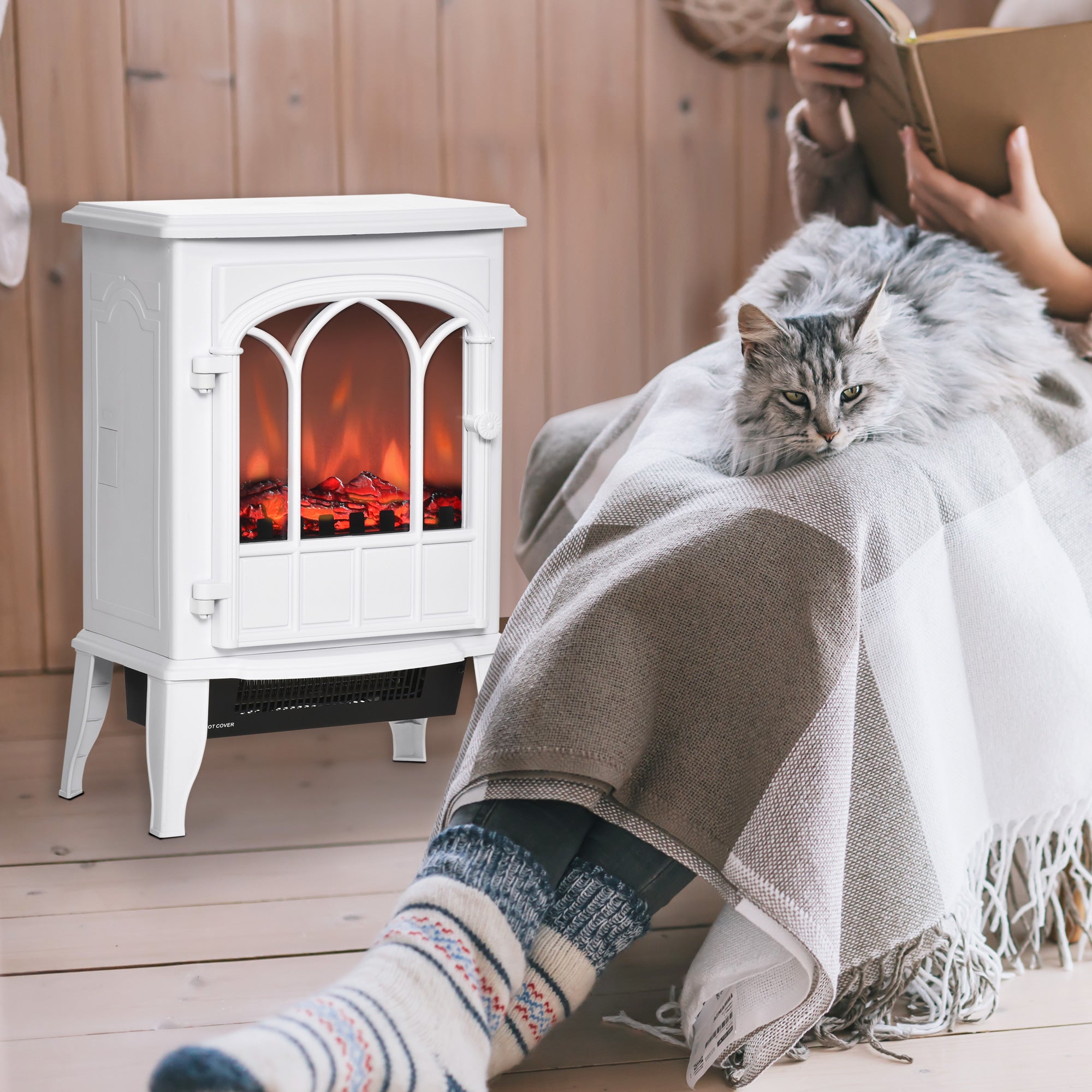 Electric Fireplace Stove, Freestanding Fireplace Heater with Realistic Flame, Adjustable brightness, Overheating Safety System, White Electric Fireplaces at Gallery Canada