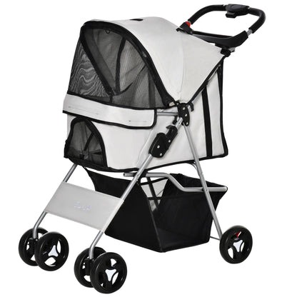 Foldable Pet Stroller Carrier with 4 Wheels, Cup Holder, Storage Basket, Grey Dog Bike Trailers & Strollers Grey  at Gallery Canada