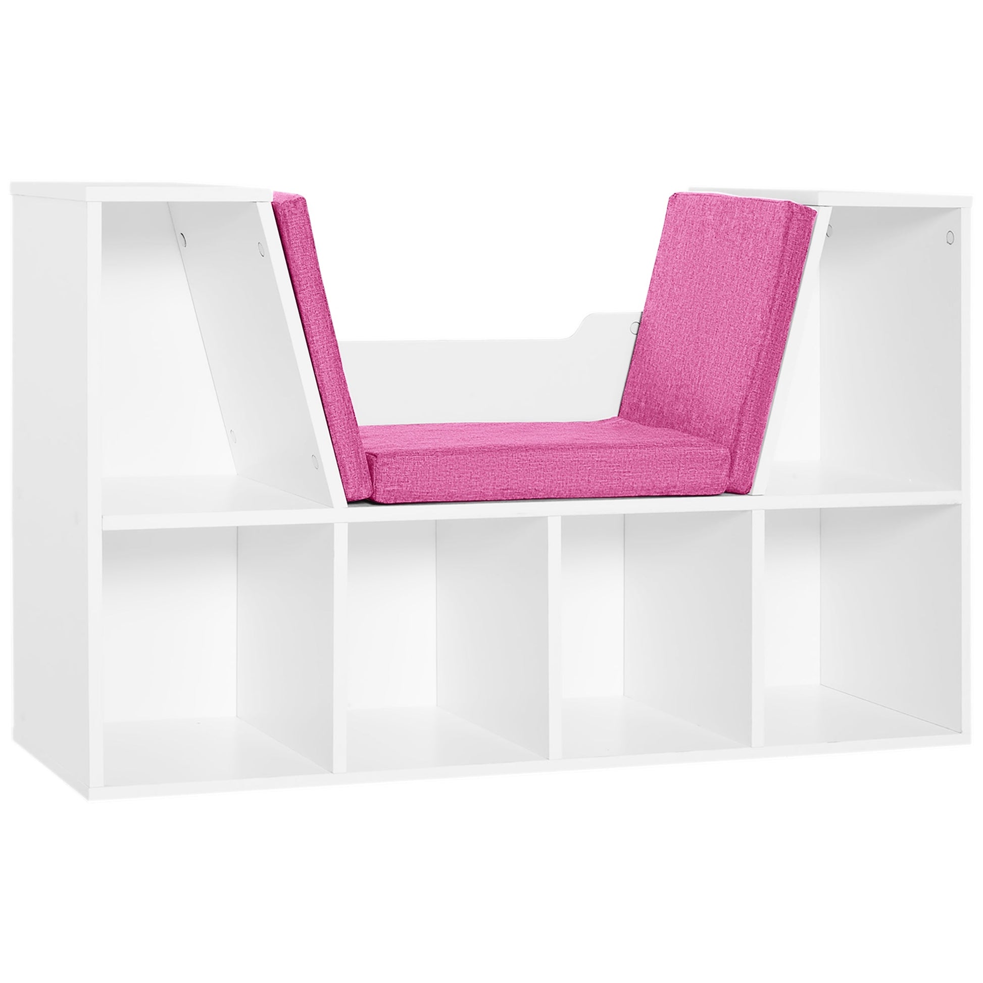 6-Cubby Kids Bookcase w/ Cushioned Seat Reading Nook Storage Organizer Cabinet Shelf Children Bedroom Decor Room White/Pink Small Bookshelves White and Pink  at Gallery Canada