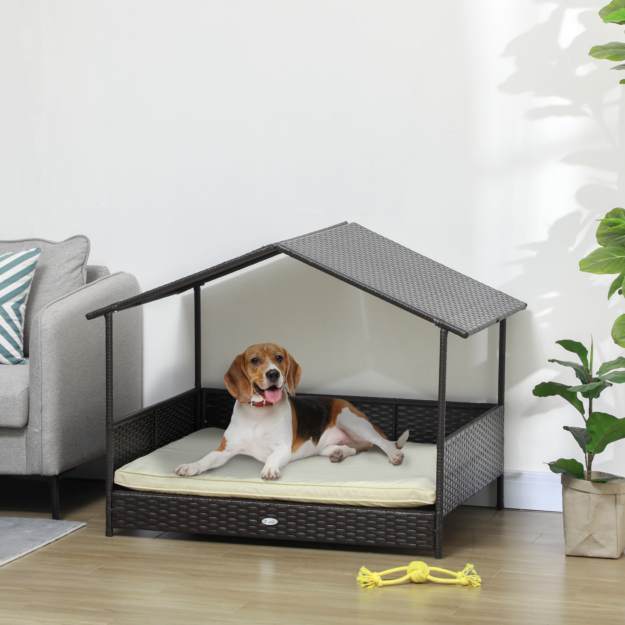 Outdoor Dog House Wicker Dog Bed with Soft Cushion Washable Cover, for Medium Large Dogs Indoor Outdoor, Cream White Houses, Kennels & Pens at Gallery Canada