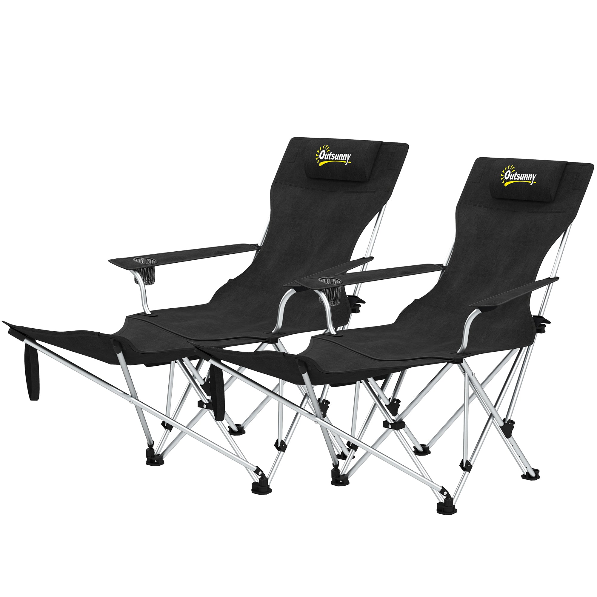Set of 2 Reclining Camping Chair with Foot Rest, Folding Camping Chair w/ Headrest, Cup Holder, Storage Bag, Black Picnic Tables & Camping Chairs Black at Gallery Canada