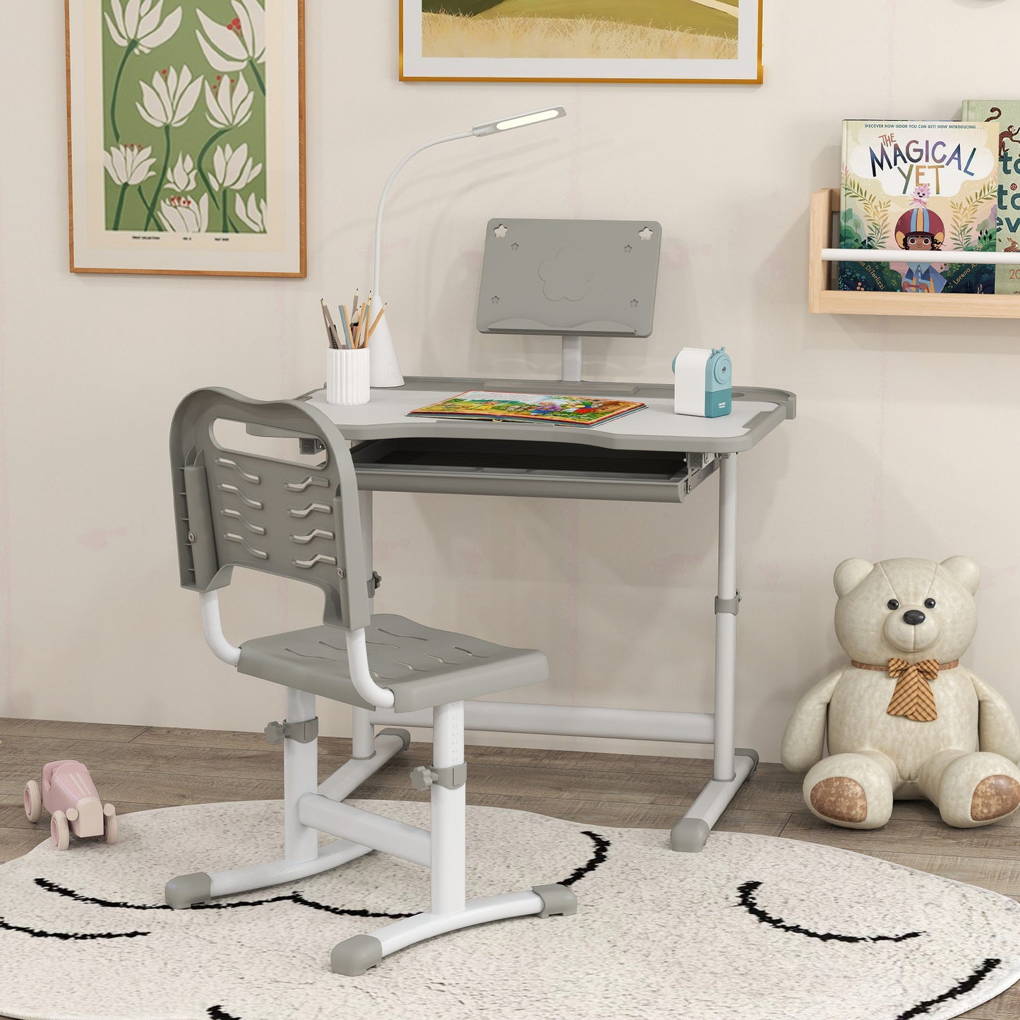 Kids Desk and Chair Set Height Adjustable Student Writing Desk Children School Study Table with Tilt Desktop, Grey Kids Desk Sets   at Gallery Canada